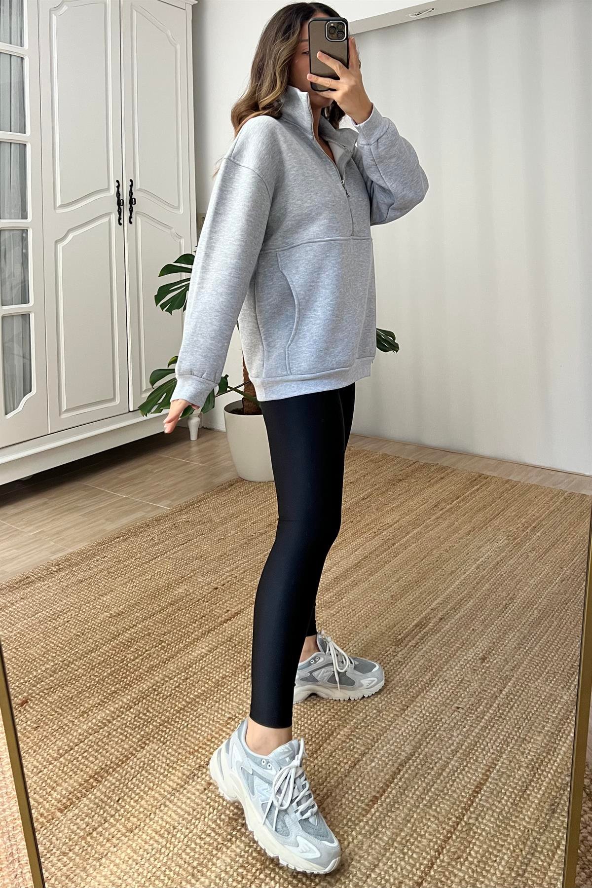 Gri Fermuarlı Kanguru Cep Sweatshirt uygun fiyatlarda www.butikhola.com adresinde