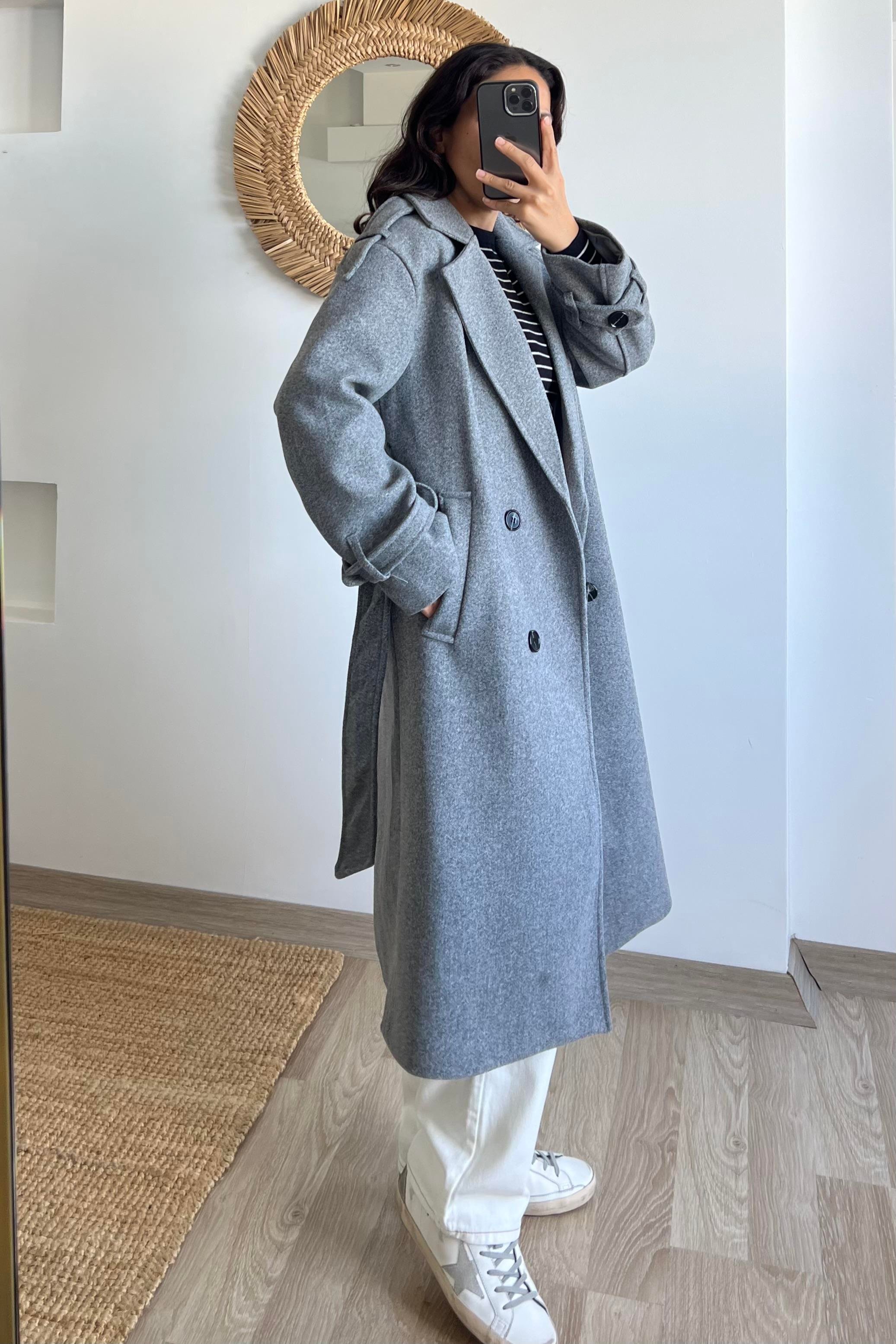 Gri Kuşaklı Premium Kaban uygun fiyatlarda www.butikhola.com adresinde