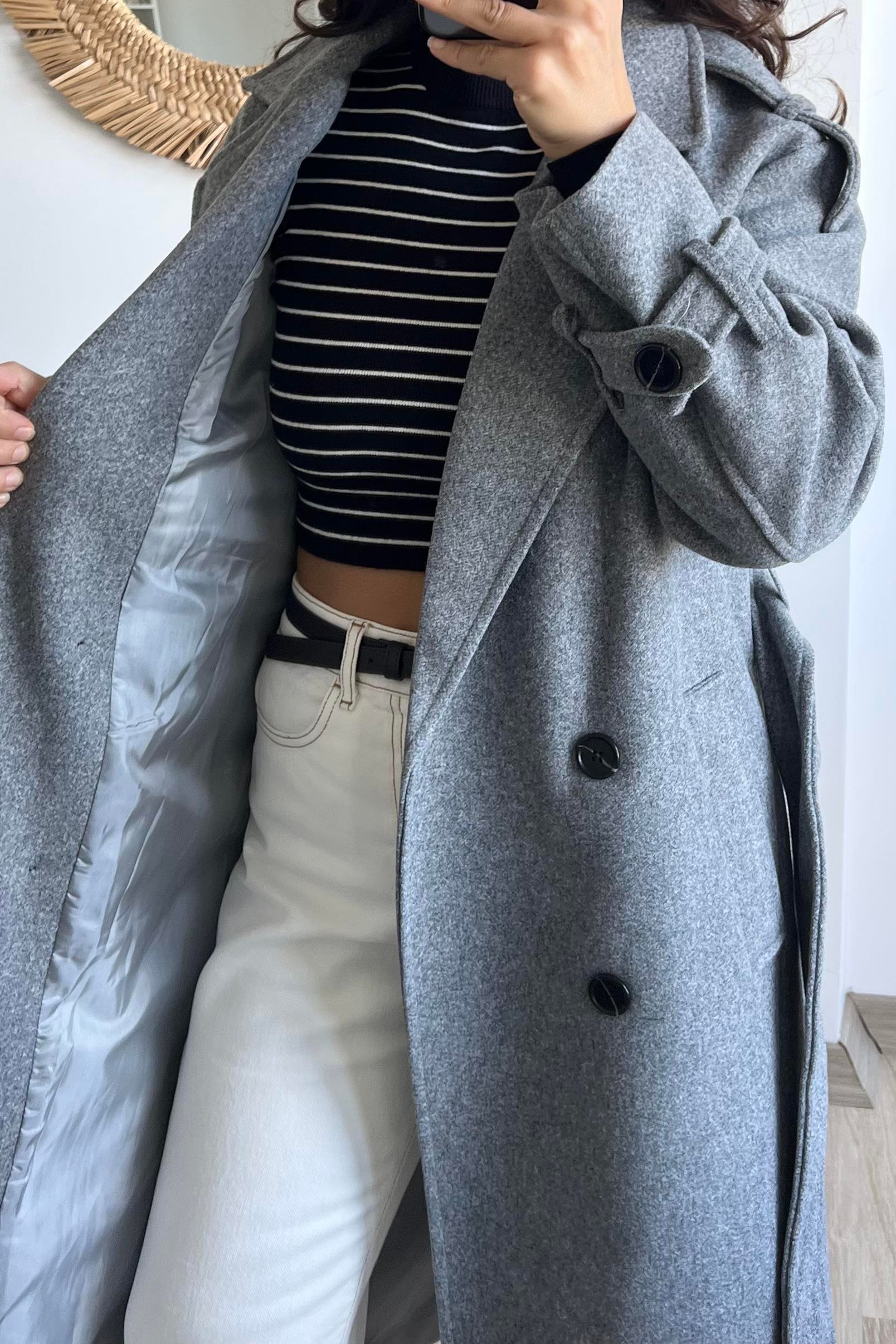 Gri Kuşaklı Premium Kaban uygun fiyatlarda www.butikhola.com adresinde