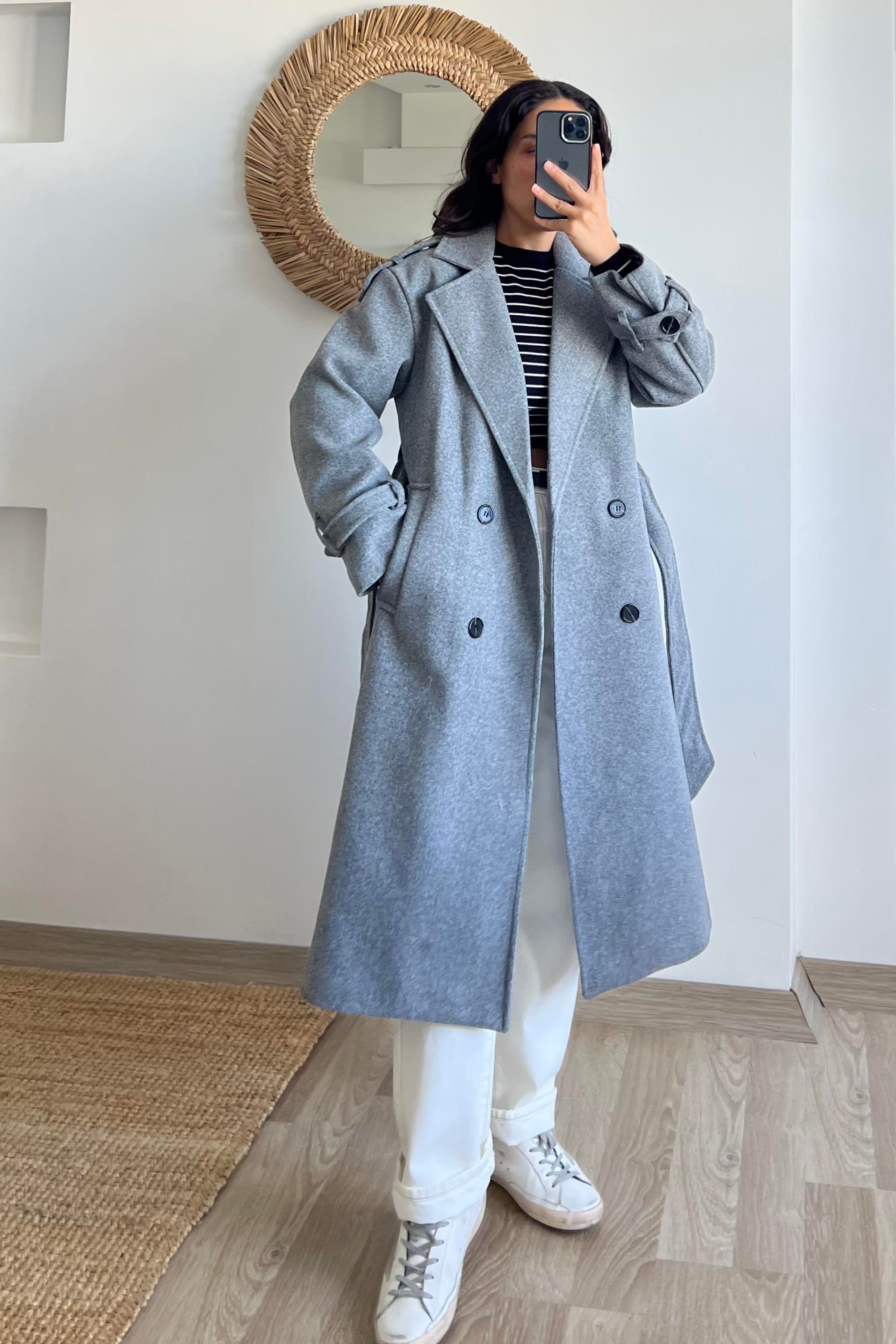 Gri Kuşaklı Premium Kaban uygun fiyatlarda www.butikhola.com adresinde