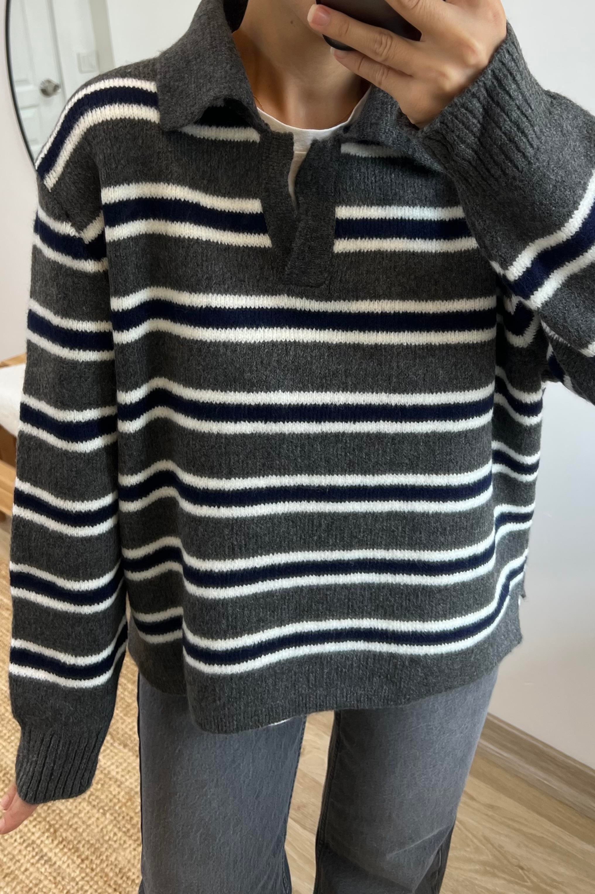Gri Lacivert Çizgili Polo Yaka Kazak uygun fiyatlarda www.butikhola.com adresinde