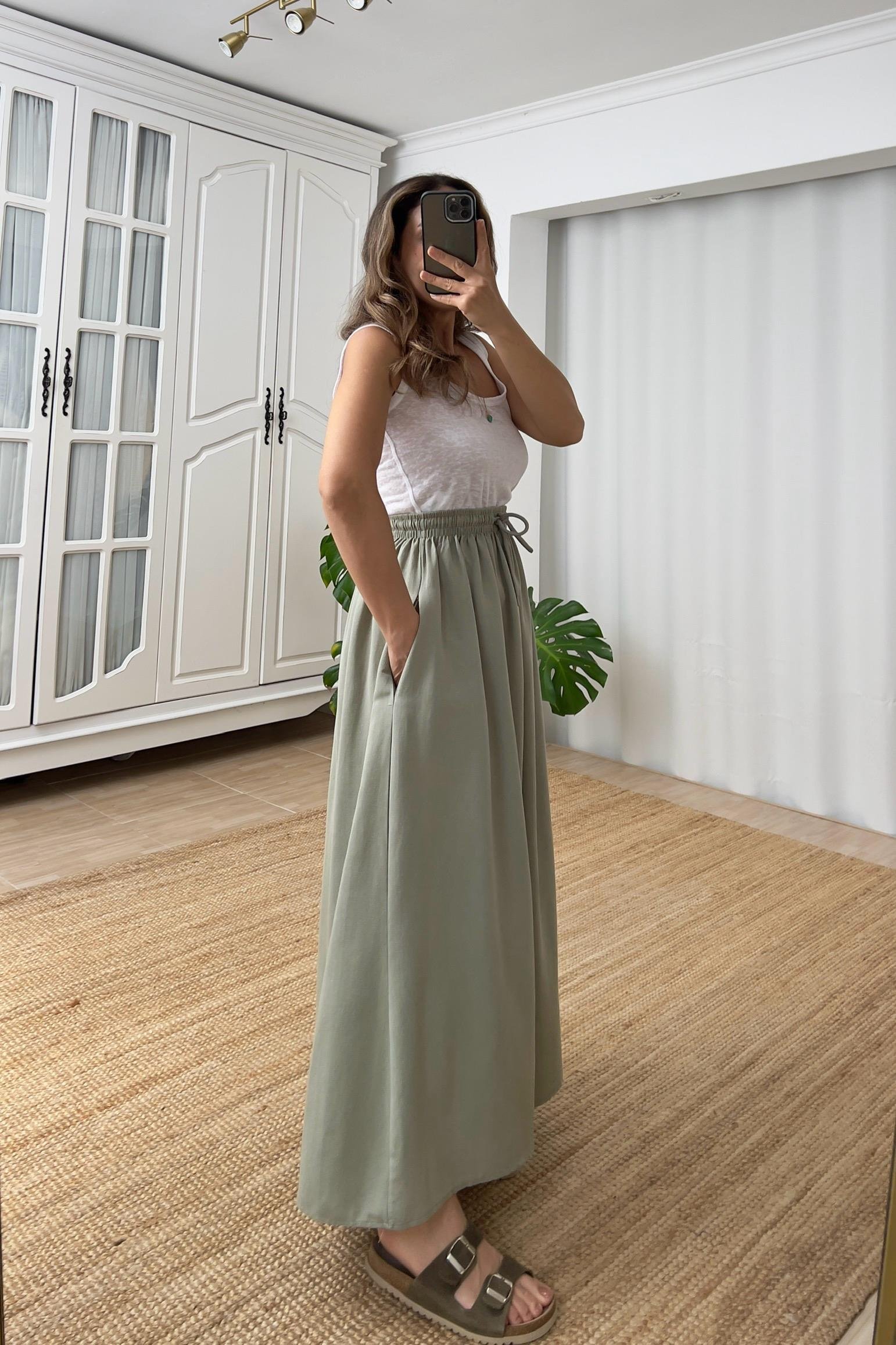 Haki Cepli Kloş Keten Etek uygun fiyatlarda www.butikhola.com adresinde