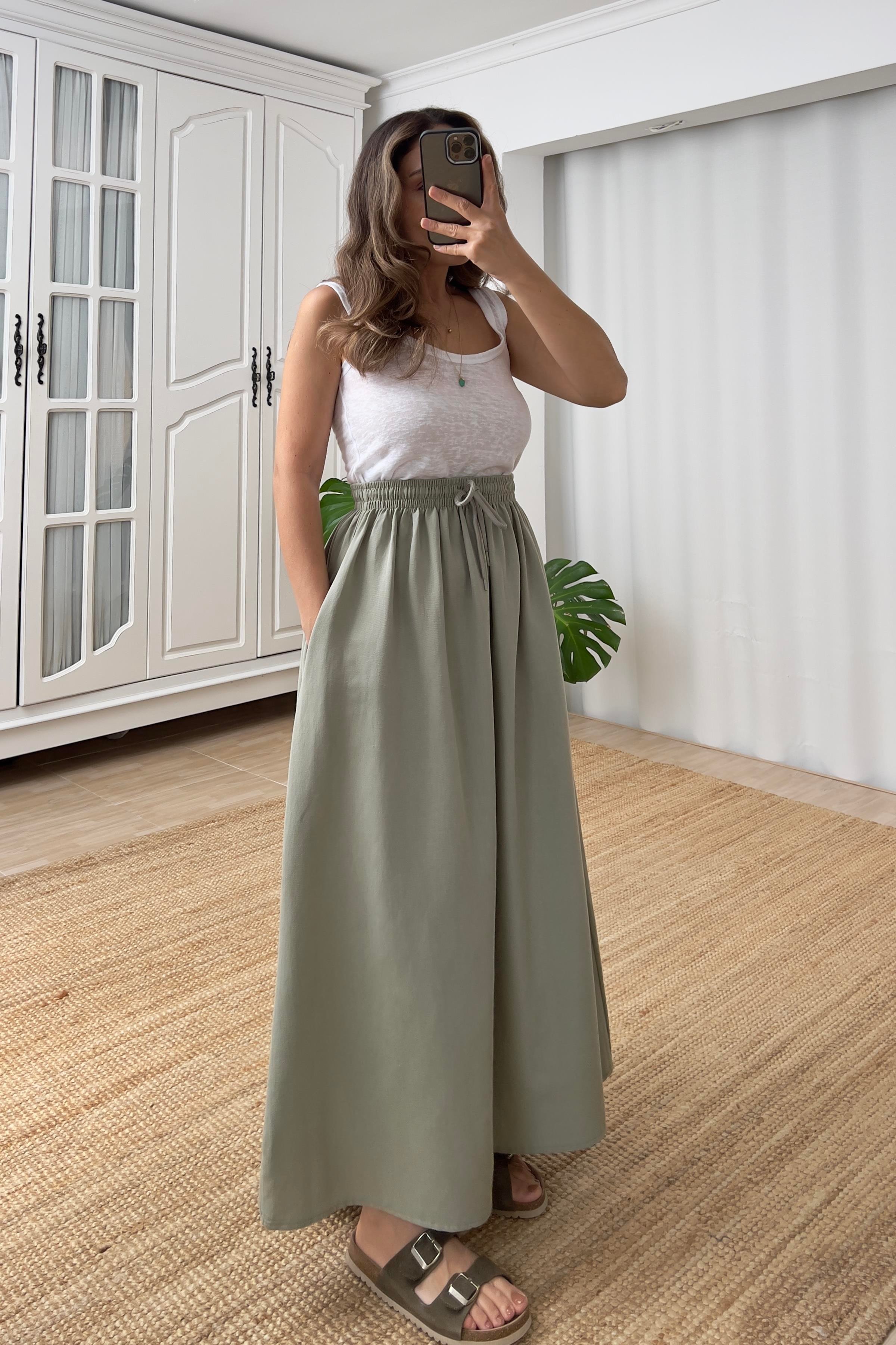 Haki Cepli Kloş Keten Etek uygun fiyatlarda www.butikhola.com adresinde