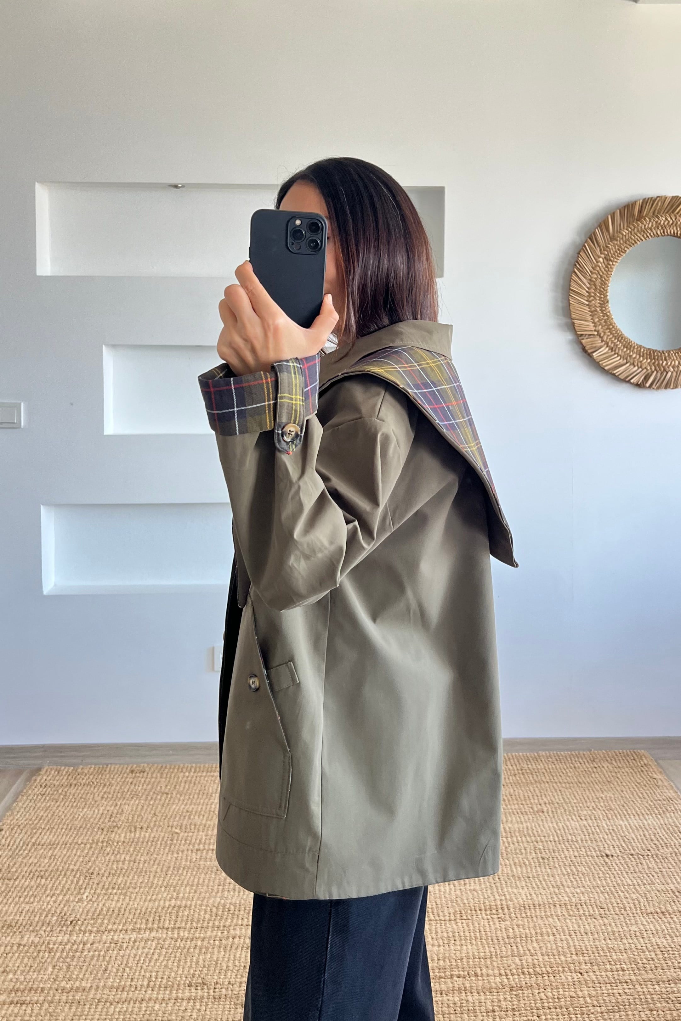 Haki Çıkarılabilir Fular Detaylı Tasarım Trençkot uygun fiyatlarda www.butikhola.com adresinde