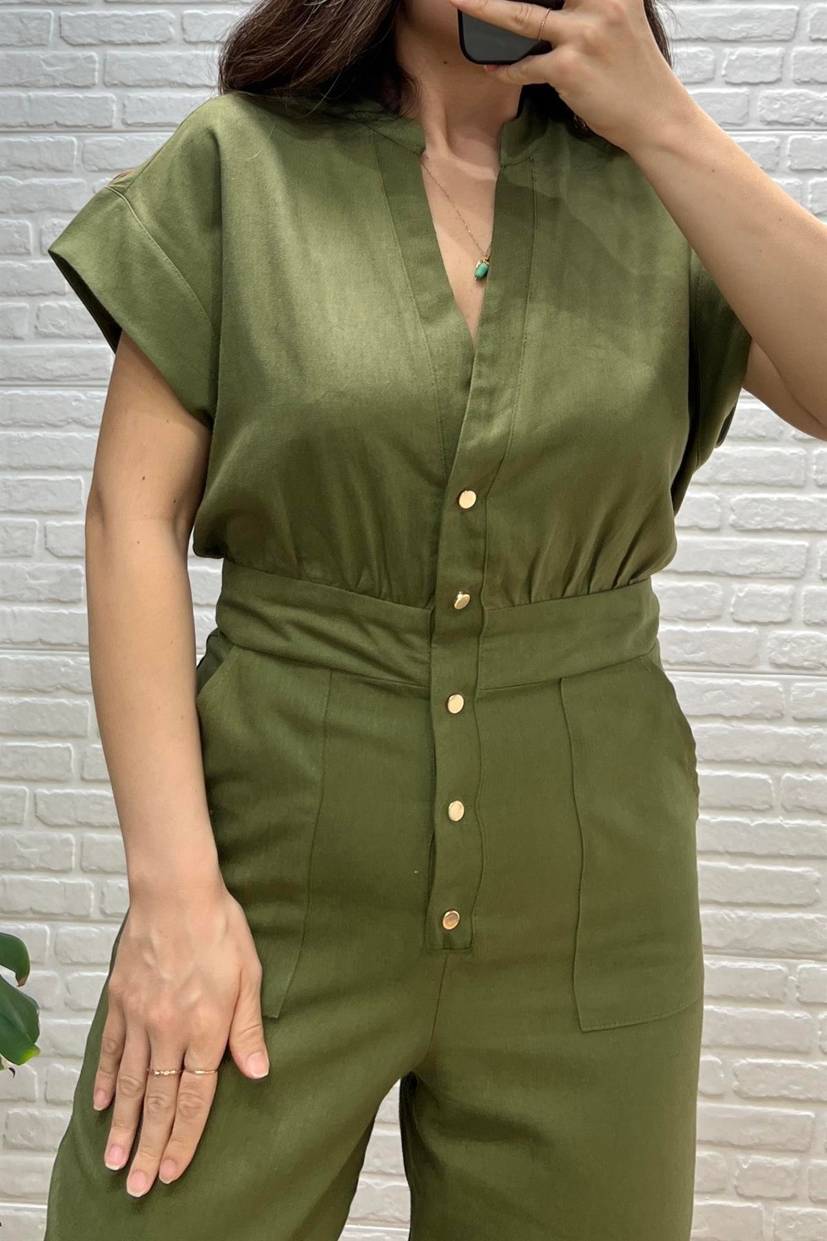 Haki Çıtçıt Kapamalı Keten Tulum uygun fiyatlarda www.butikhola.com adresinde