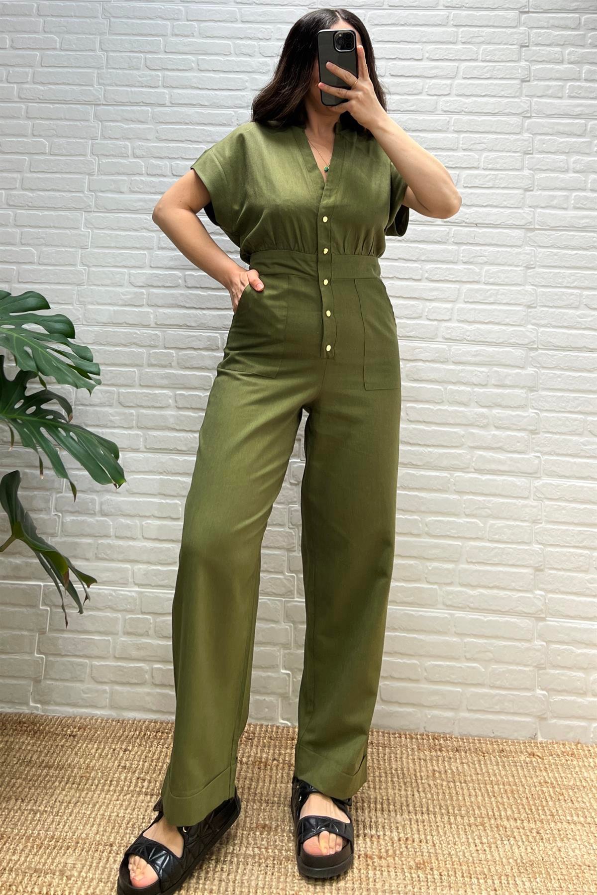 Haki Çıtçıt Kapamalı Keten Tulum uygun fiyatlarda www.butikhola.com adresinde