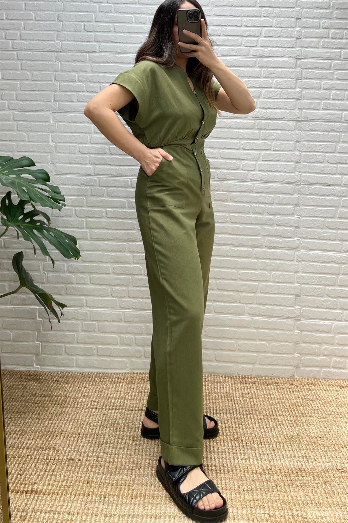 Haki Çıtçıt Kapamalı Keten Tulum uygun fiyatlarda www.butikhola.com adresinde