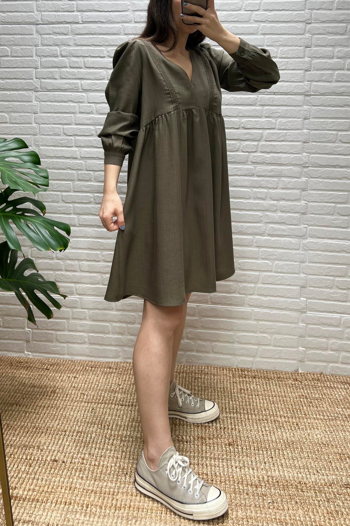 Haki Dantel Detaylı Krinkıl Elbise  uygun fiyatlarda www.butikhola.com adresinde