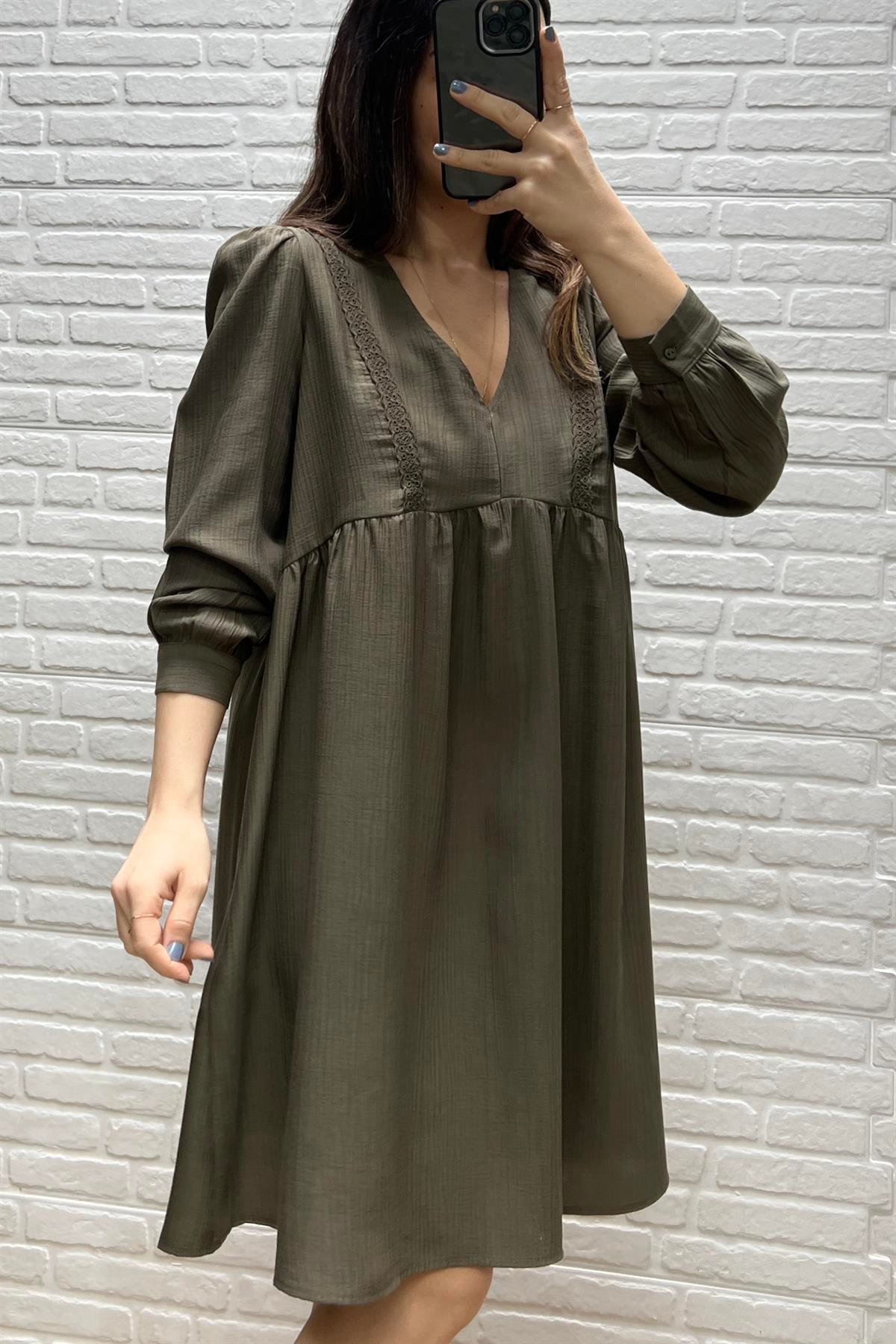 Haki Dantel Detaylı Krinkıl Elbise  uygun fiyatlarda www.butikhola.com adresinde