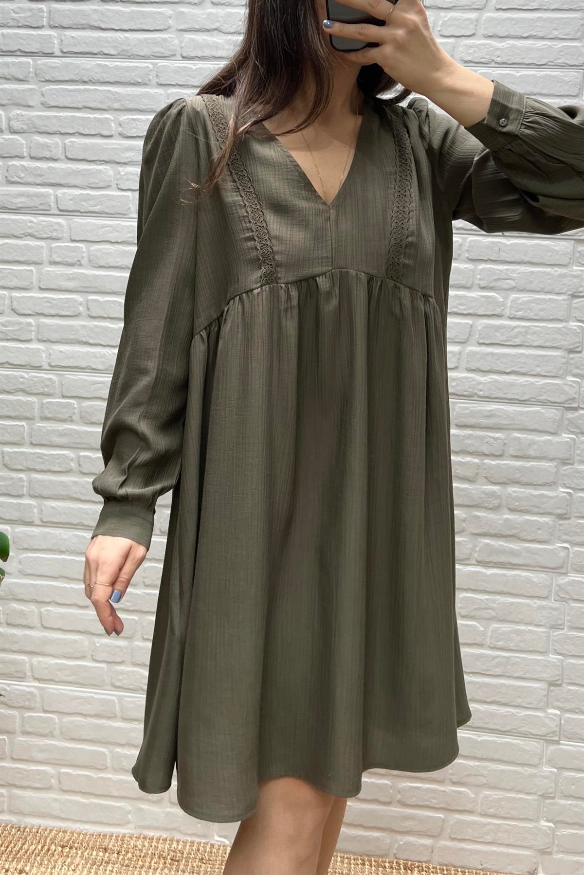 Haki Dantel Detaylı Krinkıl Elbise  uygun fiyatlarda www.butikhola.com adresinde