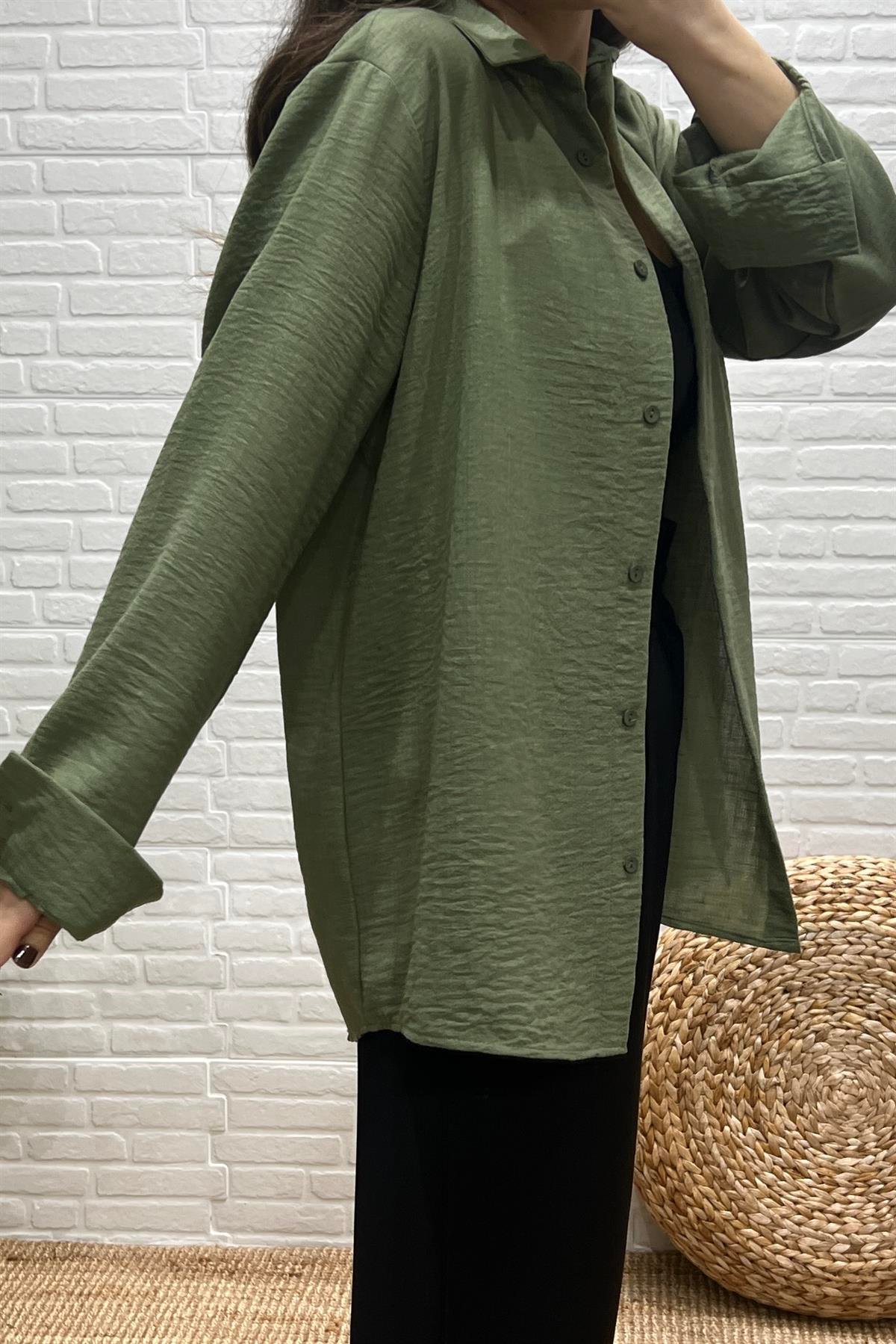 Haki Dokulu Salaş Gömlek uygun fiyatlarda www.butikhola.com adresinde