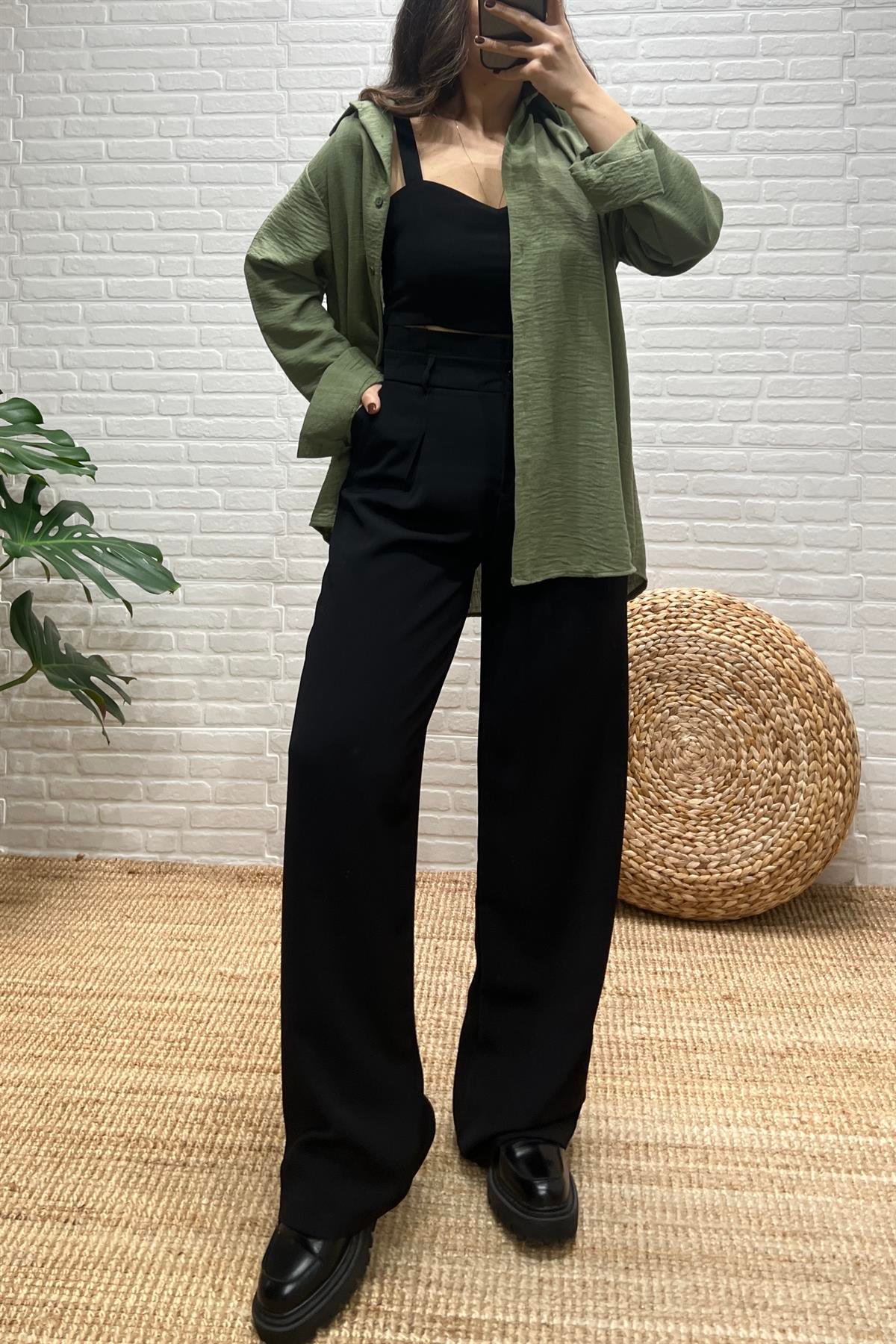 Haki Dokulu Salaş Gömlek uygun fiyatlarda www.butikhola.com adresinde