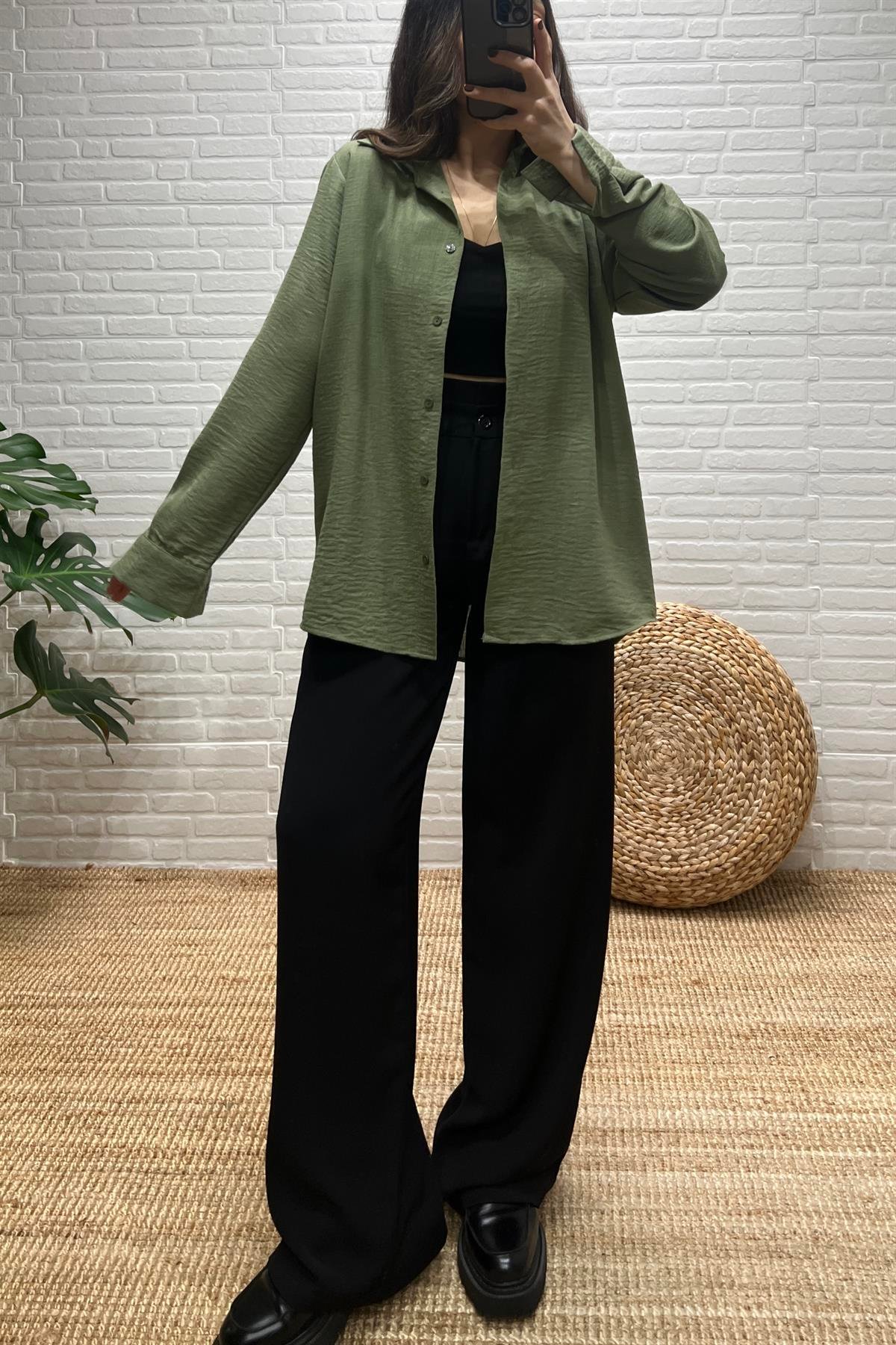 Haki Dokulu Salaş Gömlek uygun fiyatlarda www.butikhola.com adresinde