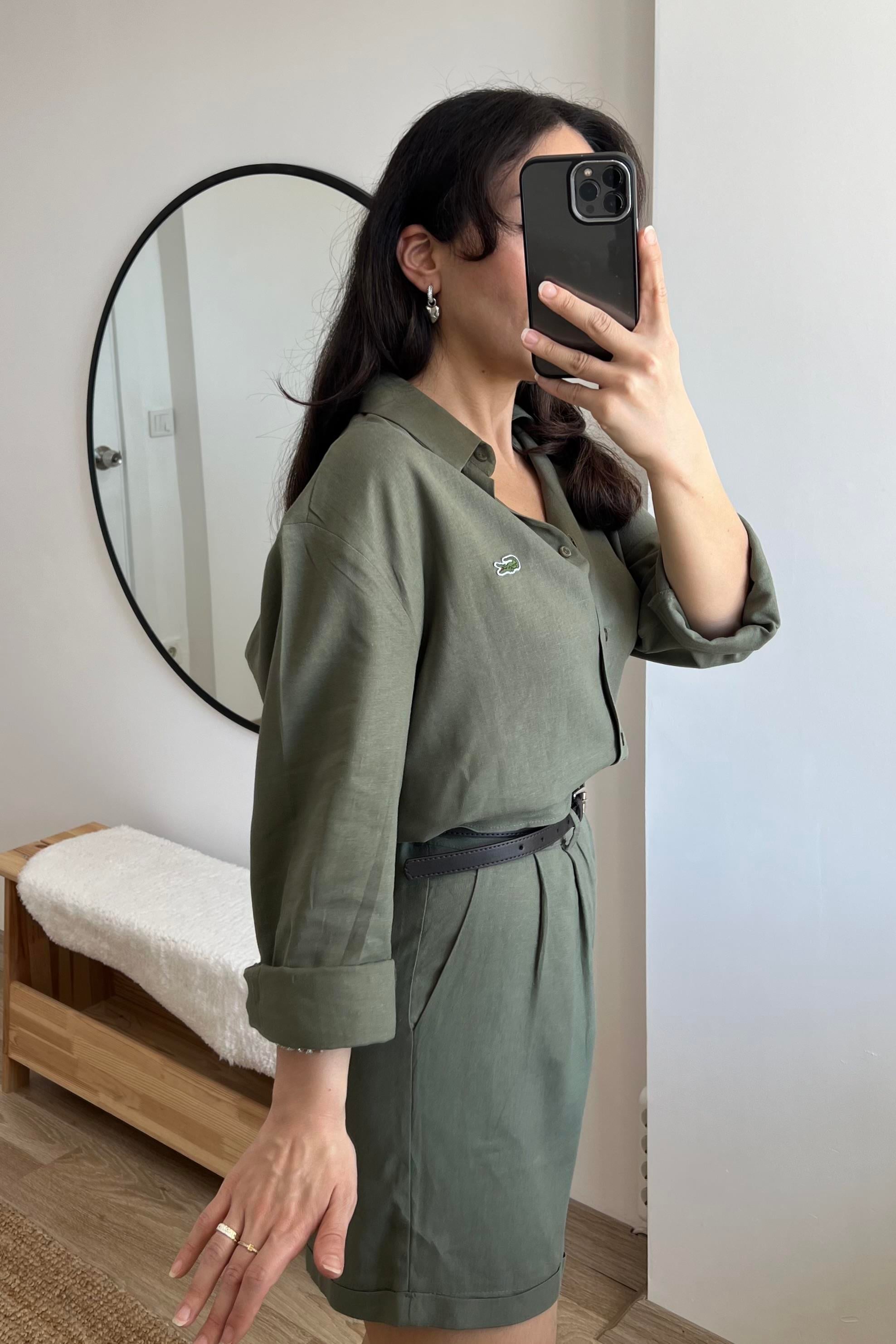 Haki Logo Nakışlı Ham Keten Gömlek uygun fiyatlarda www.butikhola.com adresinde