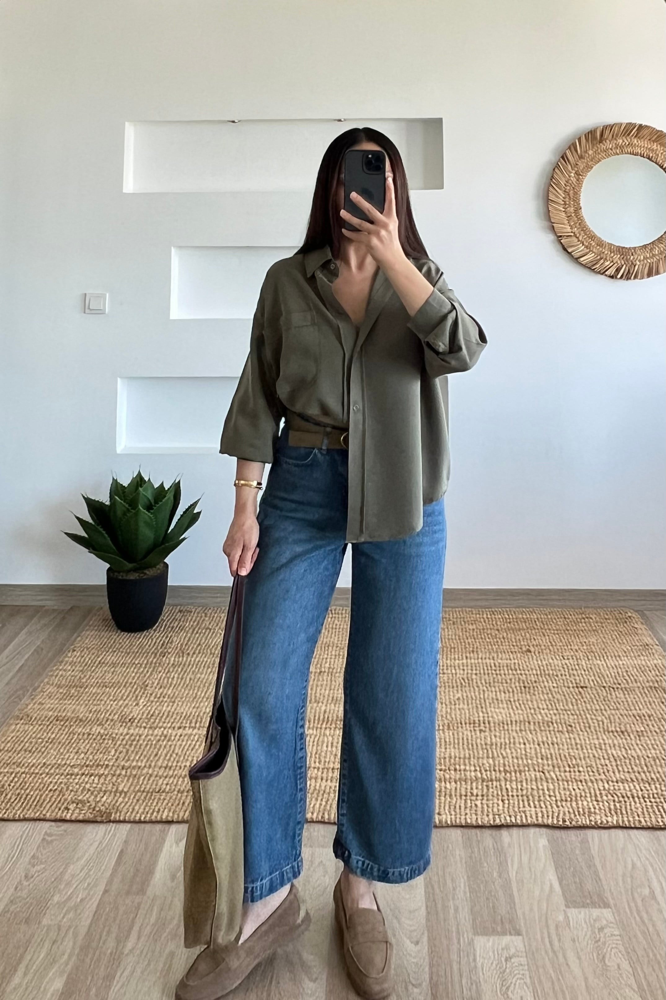 Haki Oversize Tensel Gömlek uygun fiyatlarda www.butikhola.com adresinde