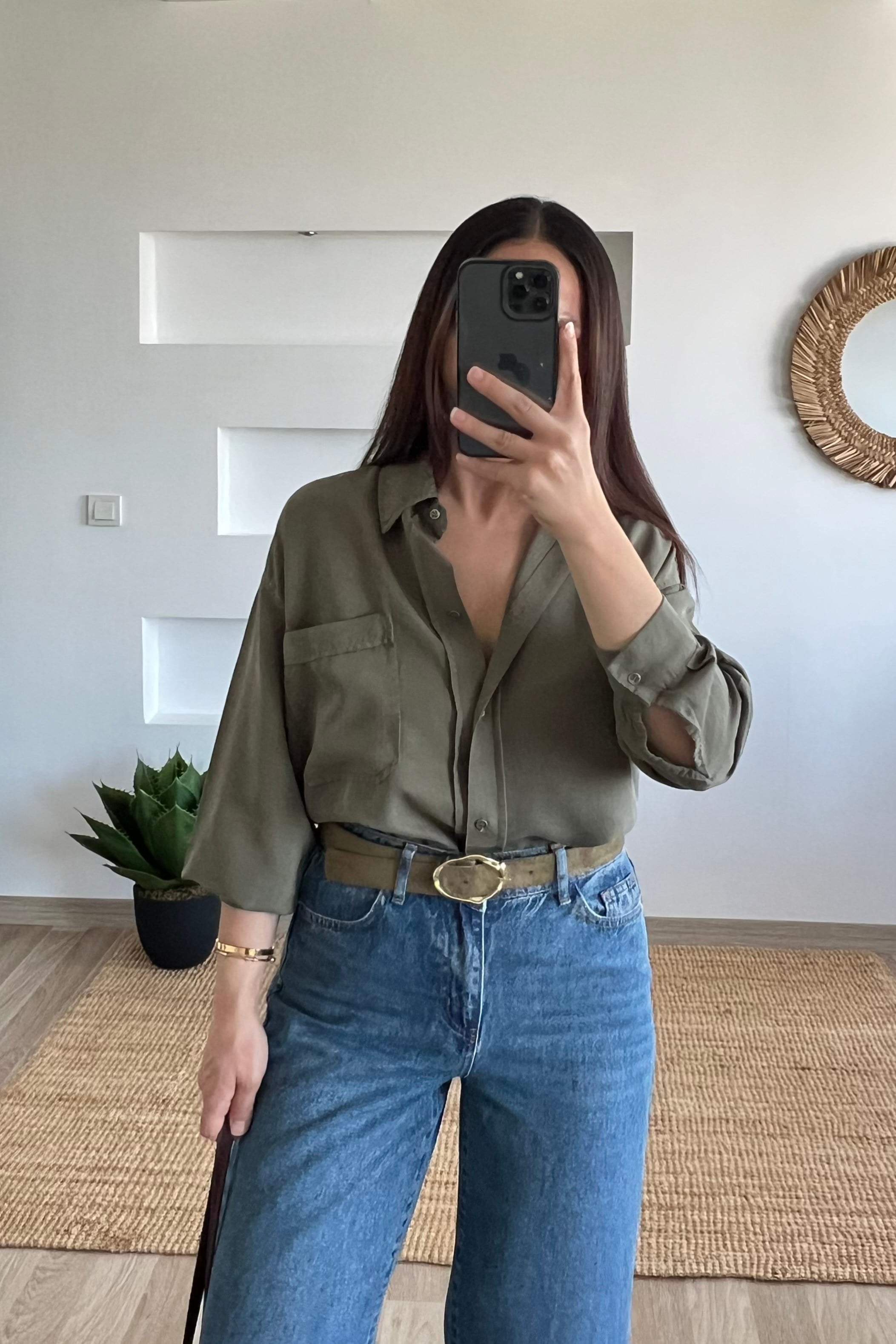 Haki Oversize Tensel Gömlek uygun fiyatlarda www.butikhola.com adresinde
