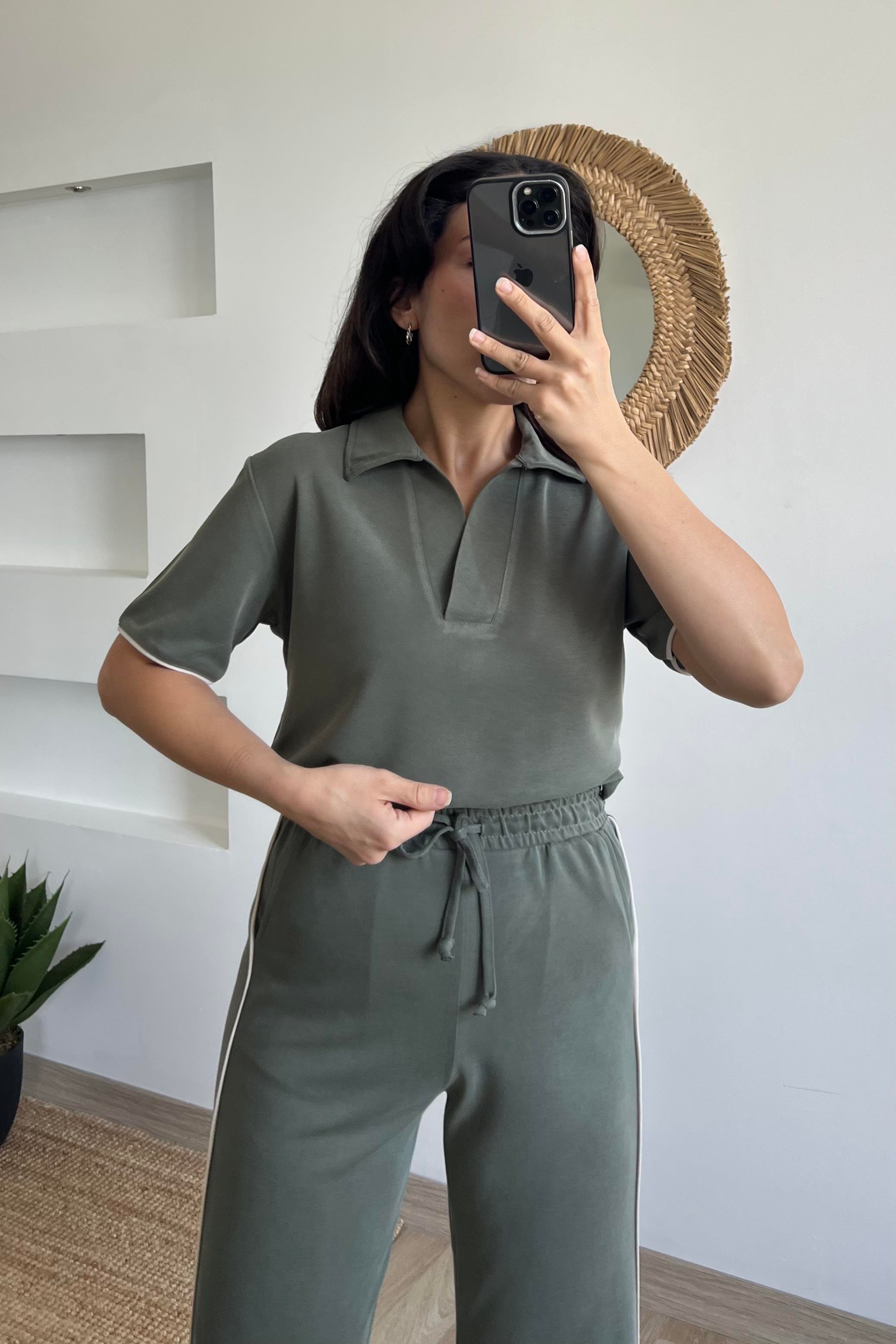 Haki Oysho Kumaş Modal Polo Yaka Tshirt Pantolon Takım uygun fiyatlarda www.butikhola.com adresinde