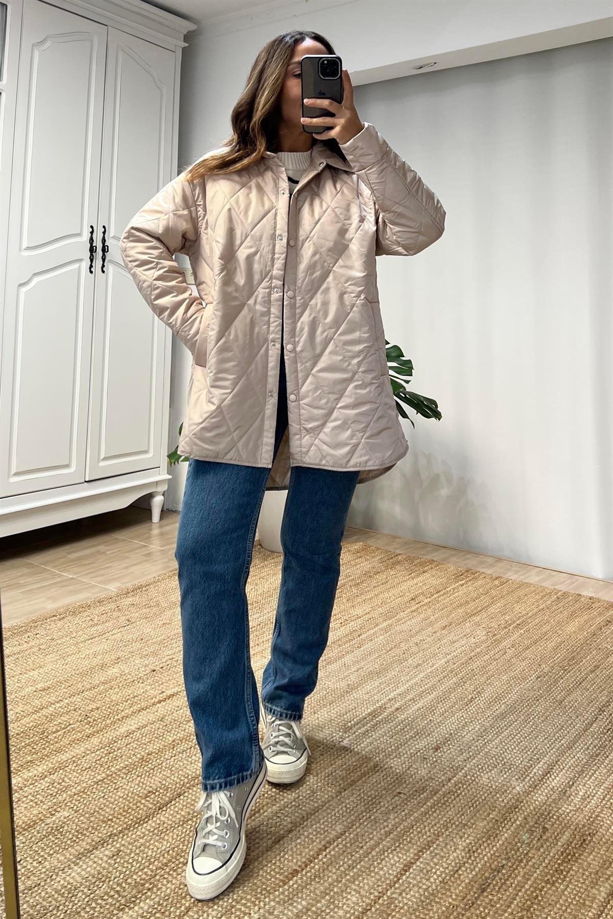 Haki Rengi Kapitone Baharlık Uzun Mont uygun fiyatlarda www.butikhola.com adresinde