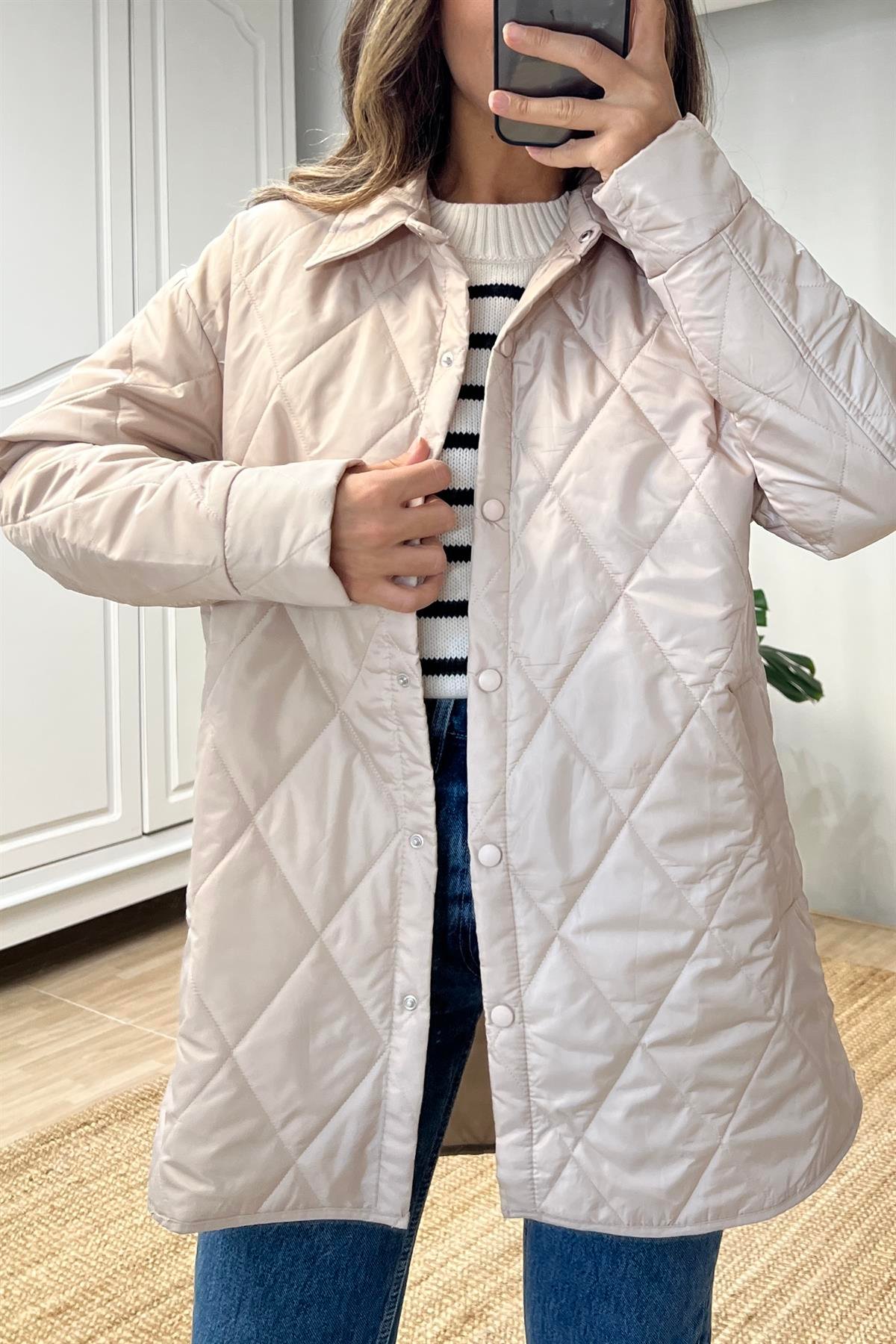 Haki Rengi Kapitone Baharlık Uzun Mont uygun fiyatlarda www.butikhola.com adresinde