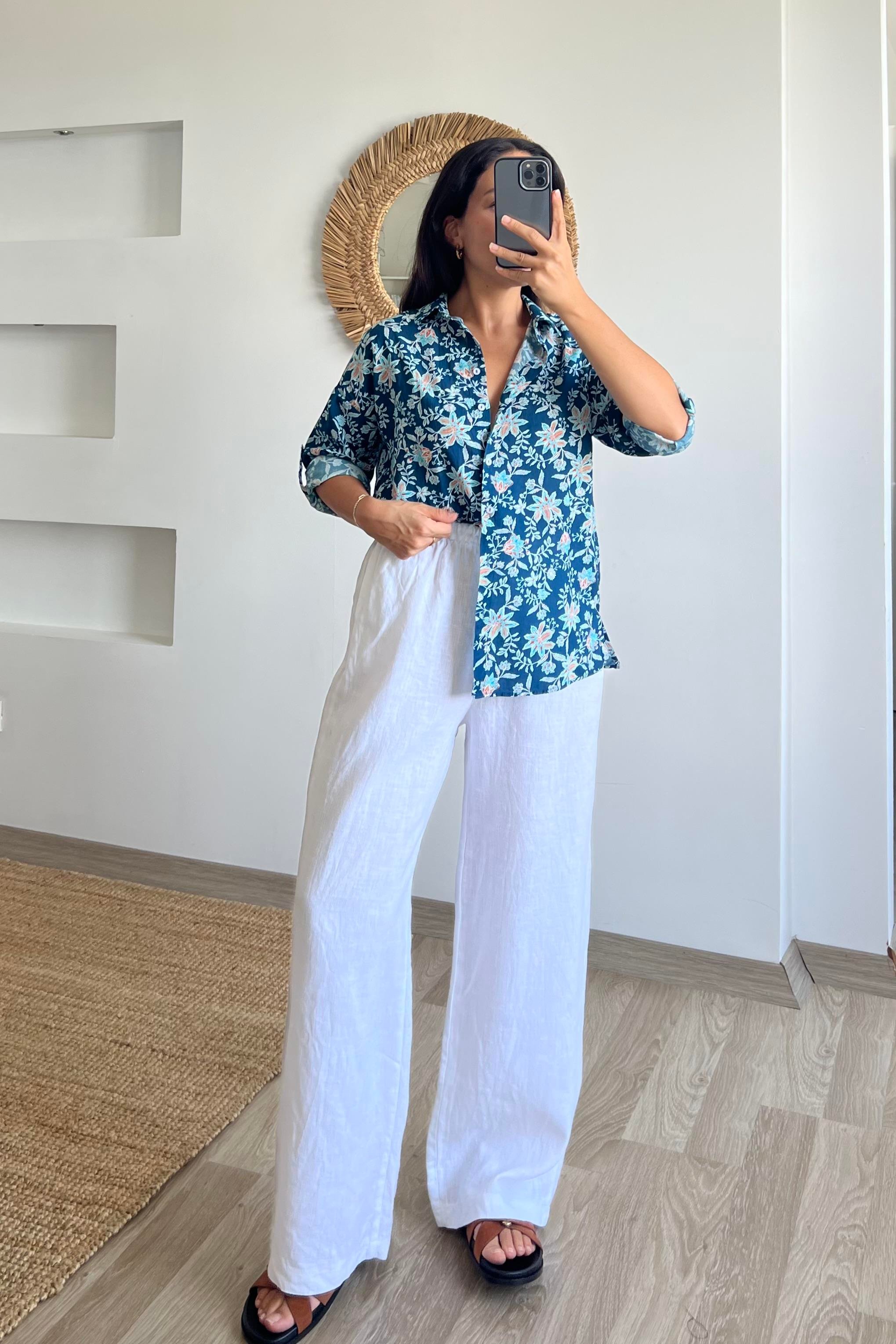 İndigo Çiçekli Empirme Gömlek uygun fiyatlarda www.butikhola.com adresinde