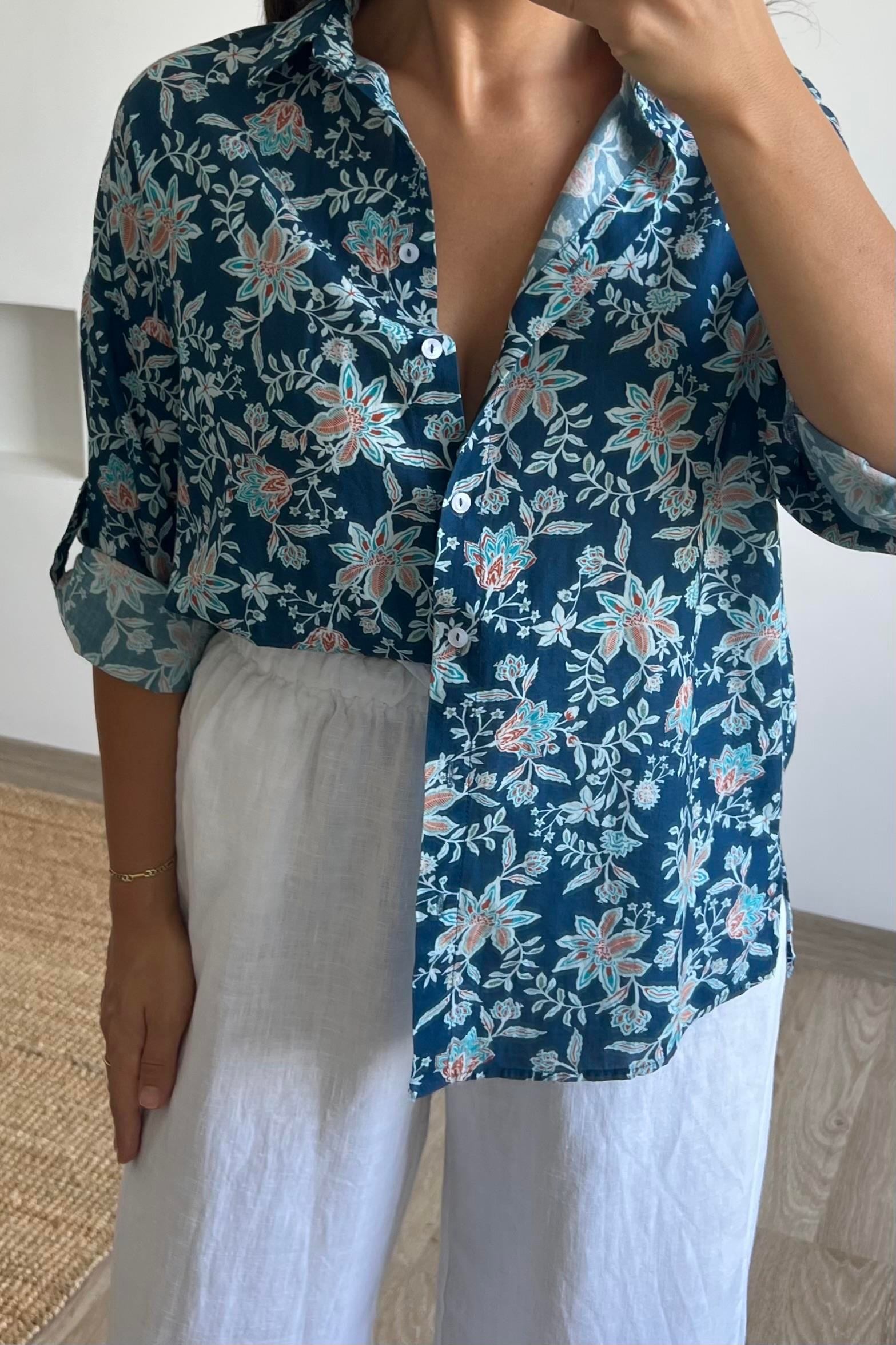 İndigo Çiçekli Empirme Gömlek uygun fiyatlarda www.butikhola.com adresinde