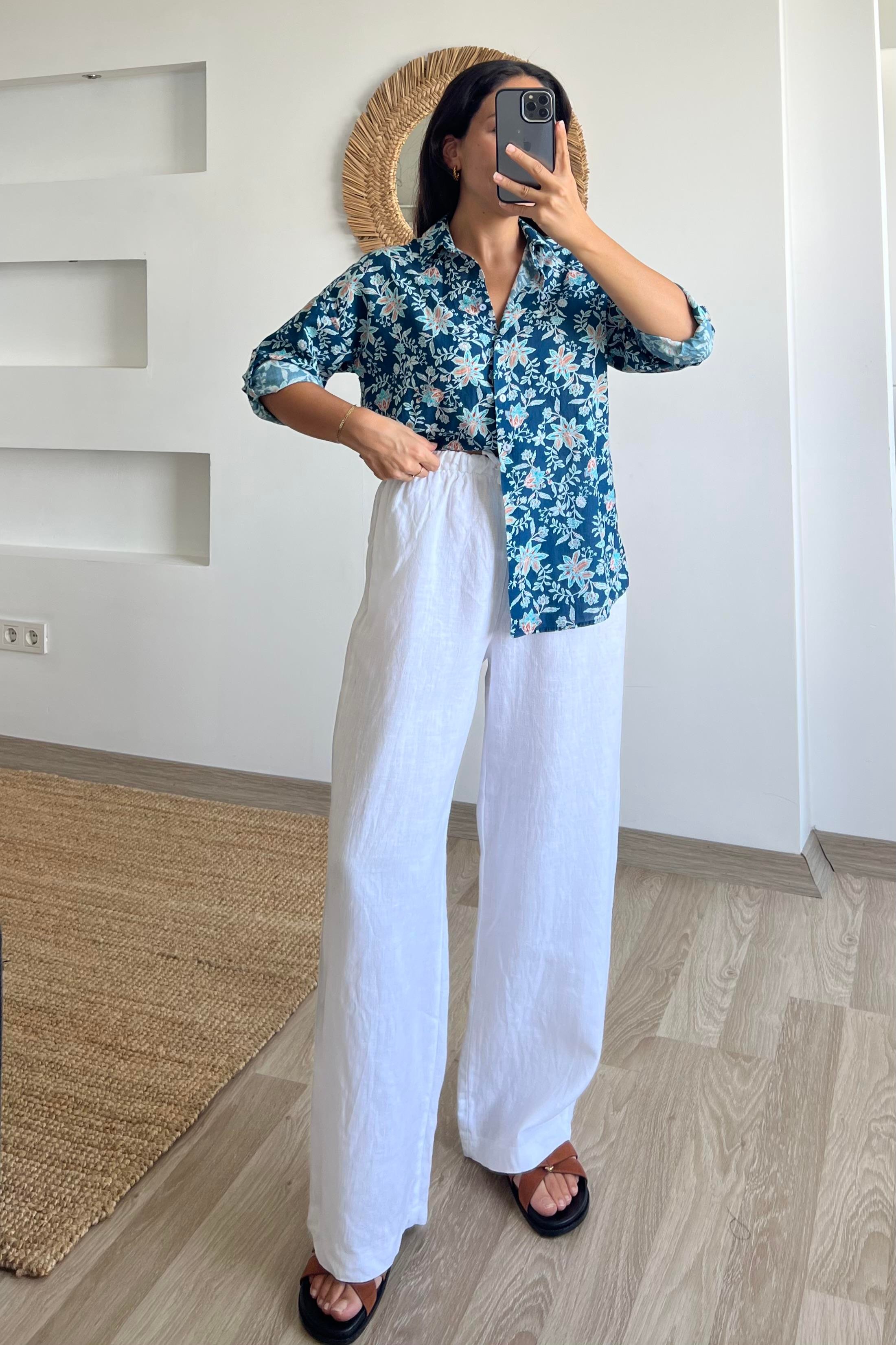 İndigo Çiçekli Empirme Gömlek uygun fiyatlarda www.butikhola.com adresinde