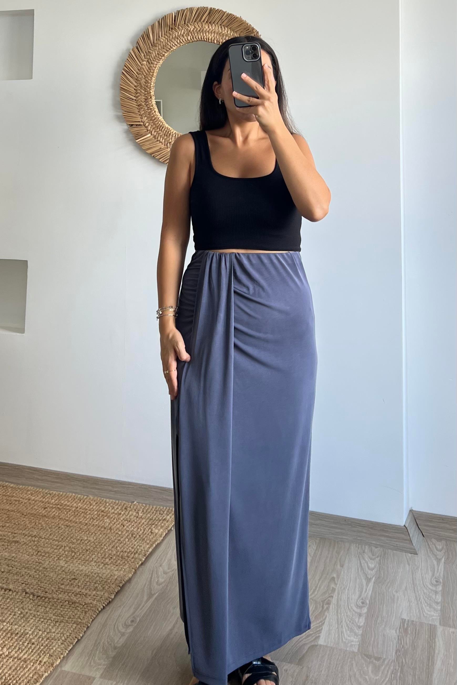 İndigo Düğüm Detaylı Yırtmaçlı Modal Etek uygun fiyatlarda www.butikhola.com adresinde