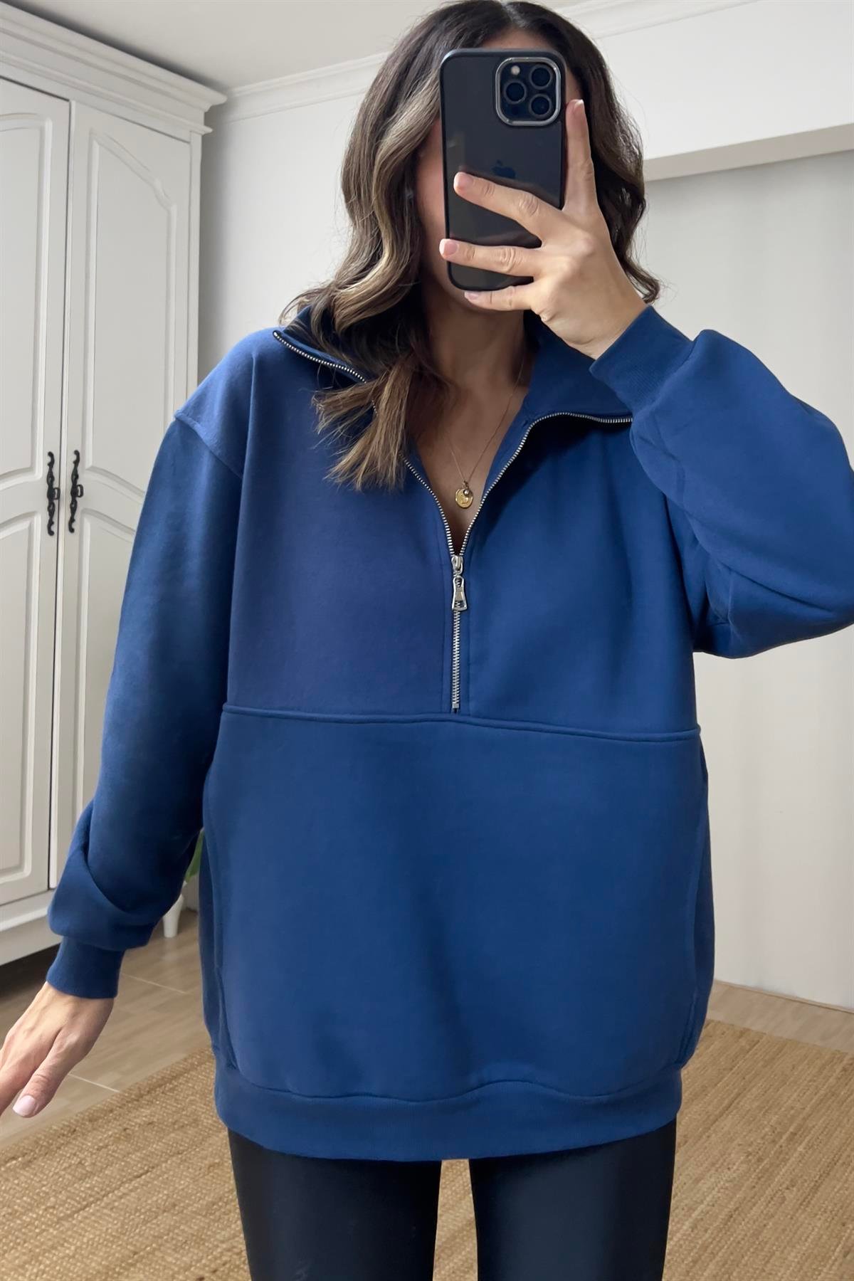 İndigo Fermuarlı Kanguru Cep Sweatshirt uygun fiyatlarda www.butikhola.com adresinde