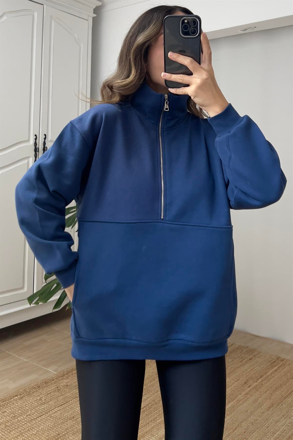 İndigo Fermuarlı Kanguru Cep Sweatshirt uygun fiyatlarda www.butikhola.com adresinde