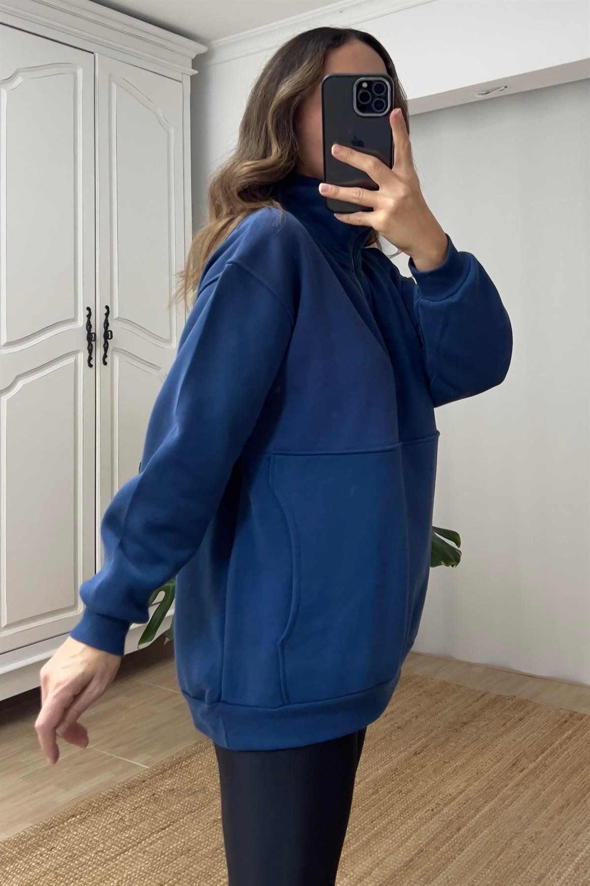 İndigo Fermuarlı Kanguru Cep Sweatshirt uygun fiyatlarda www.butikhola.com adresinde