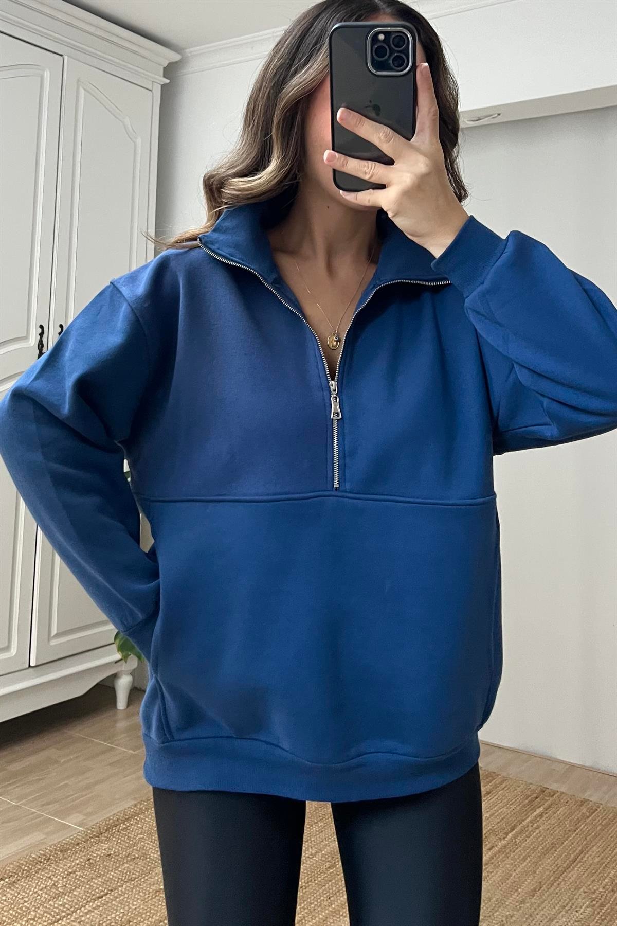 İndigo Fermuarlı Kanguru Cep Sweatshirt uygun fiyatlarda www.butikhola.com adresinde