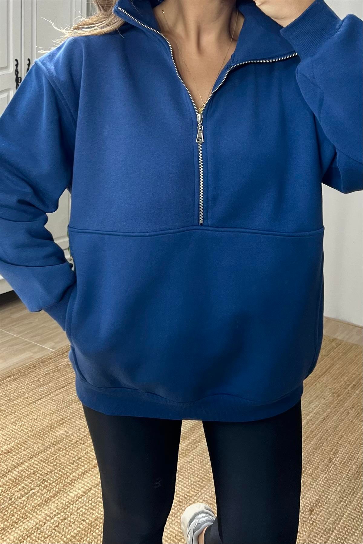 İndigo Fermuarlı Kanguru Cep Sweatshirt uygun fiyatlarda www.butikhola.com adresinde