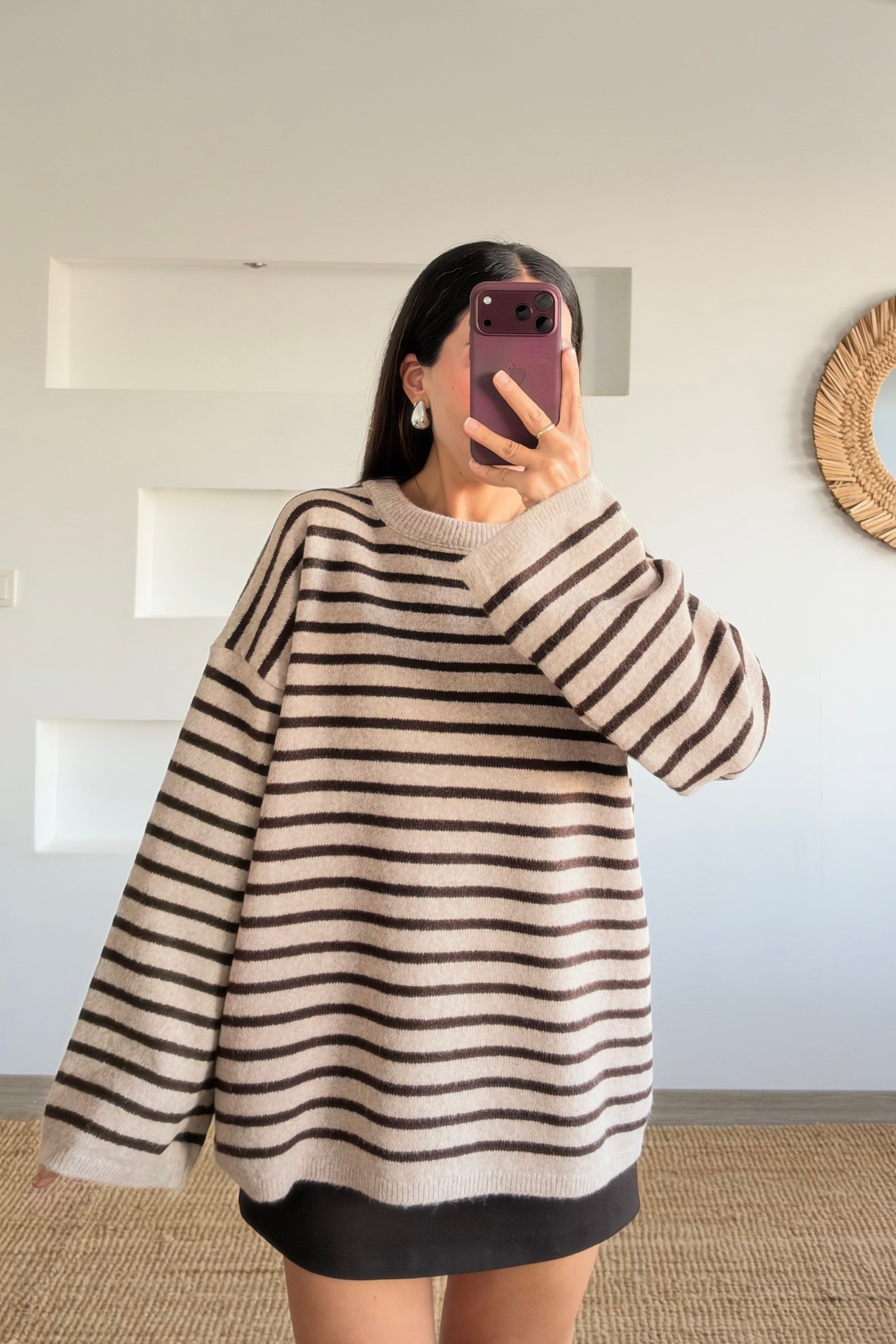 Kahve Bej Çizgili Geniş Kol Yumoş Kazak uygun fiyatlarda www.butikhola.com adresinde