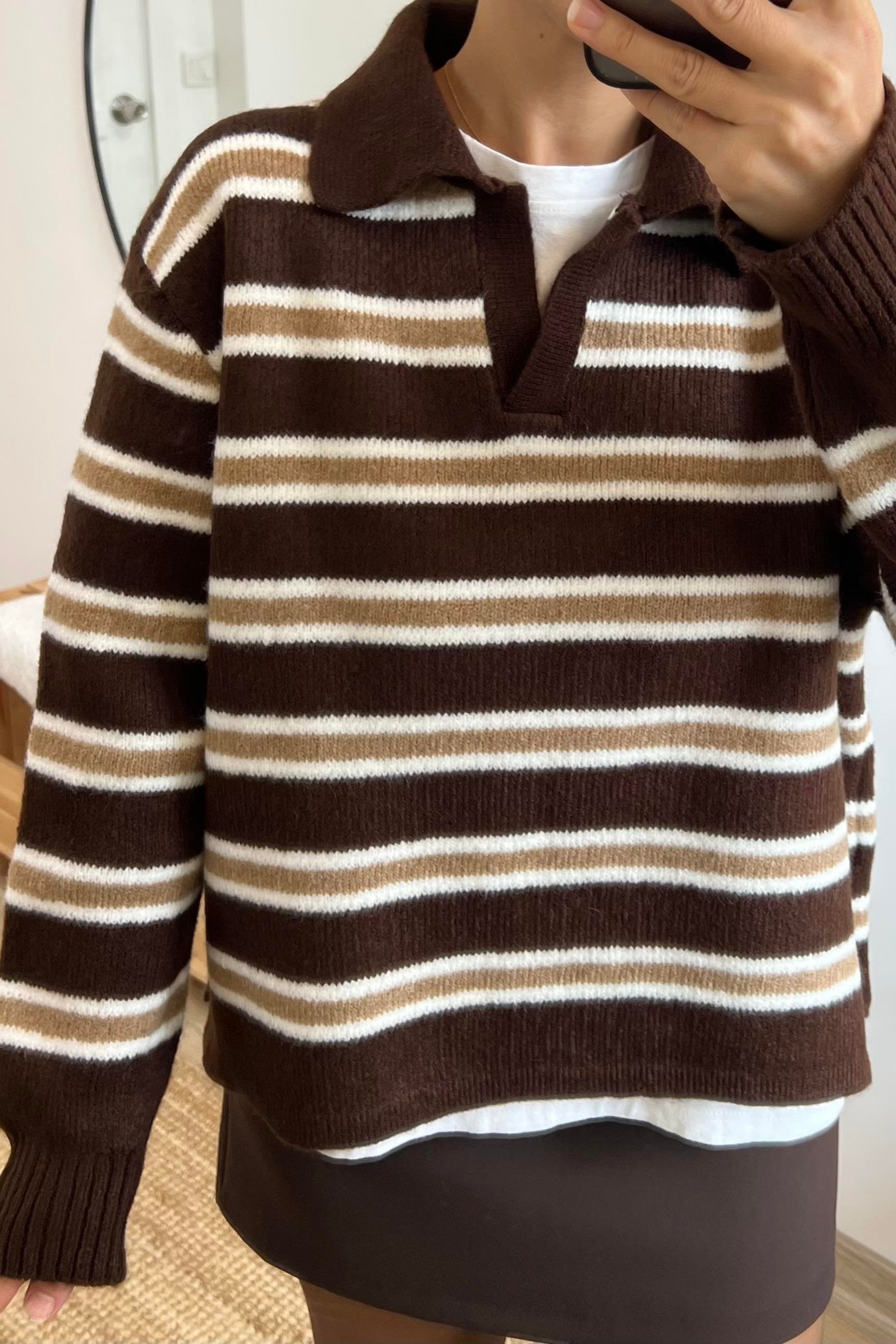Kahve Bej Çizgili Polo Yaka Kazak uygun fiyatlarda www.butikhola.com adresinde