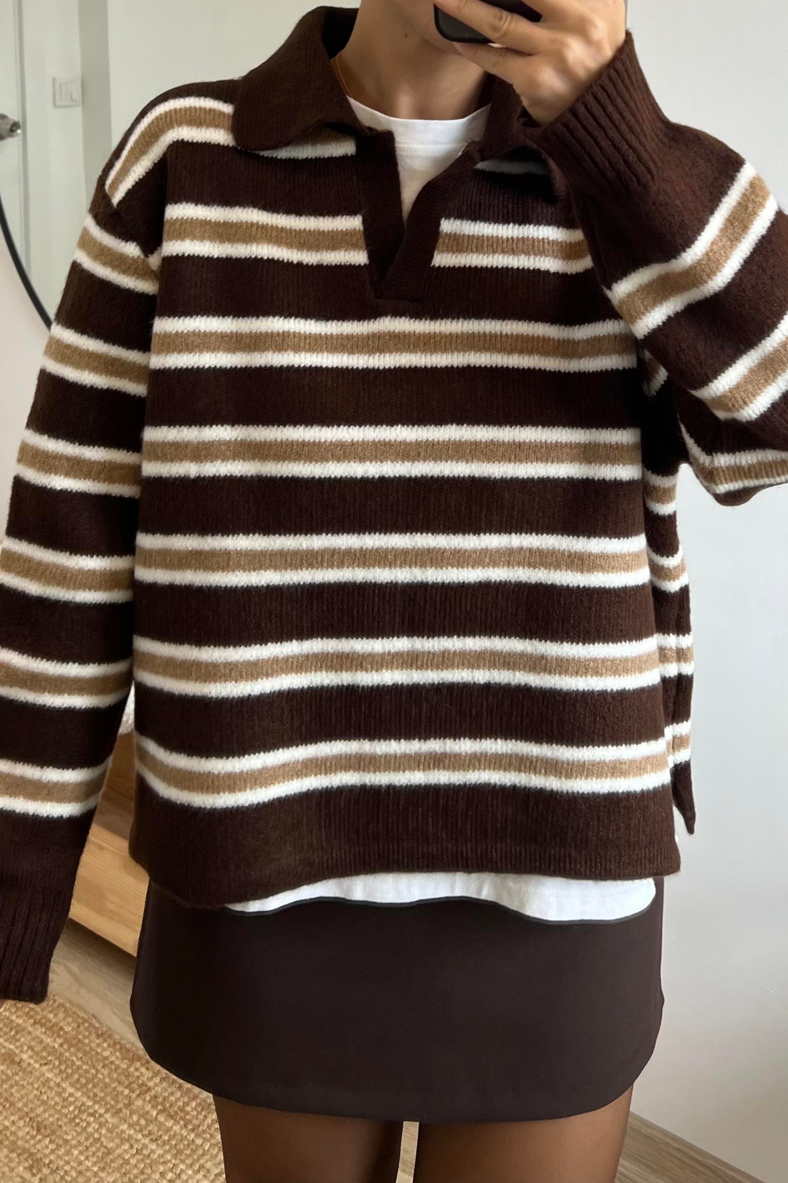 Kahve Bej Çizgili Polo Yaka Kazak uygun fiyatlarda www.butikhola.com adresinde
