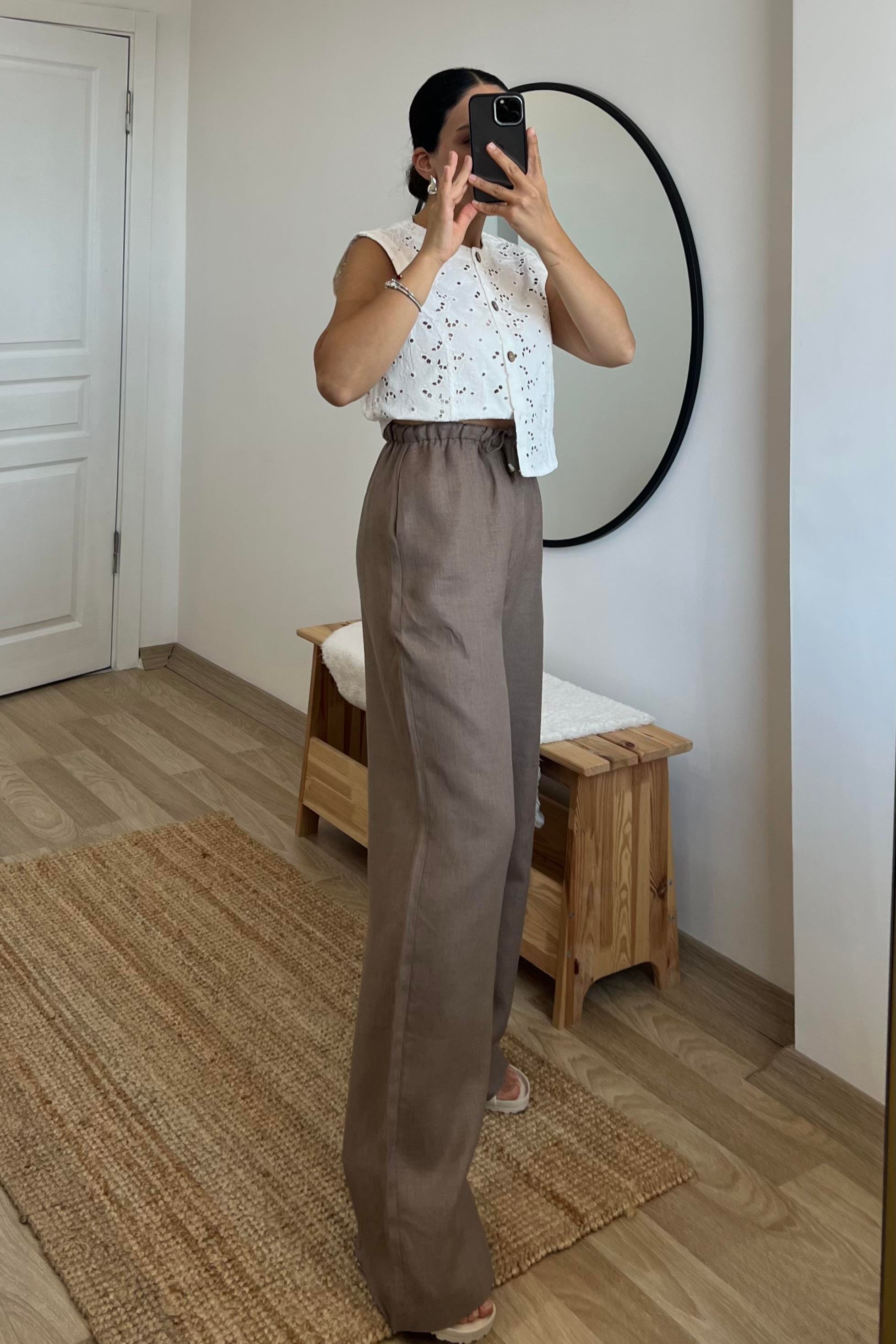 Kahverengi Beli İpli Ham Keten Comfort Pantolon uygun fiyatlarda www.butikhola.com adresinde