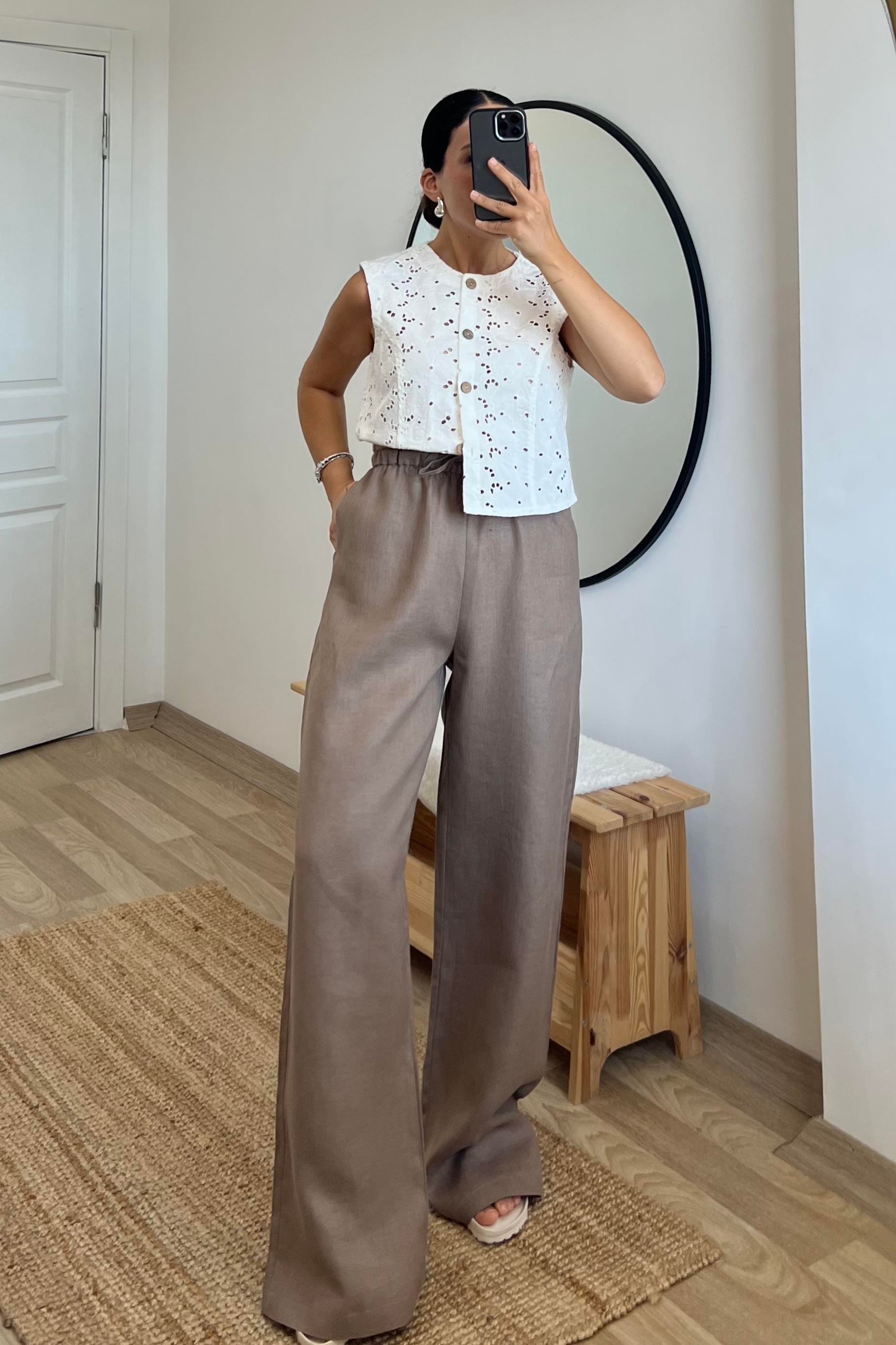 Kahverengi Beli İpli Ham Keten Comfort Pantolon uygun fiyatlarda www.butikhola.com adresinde