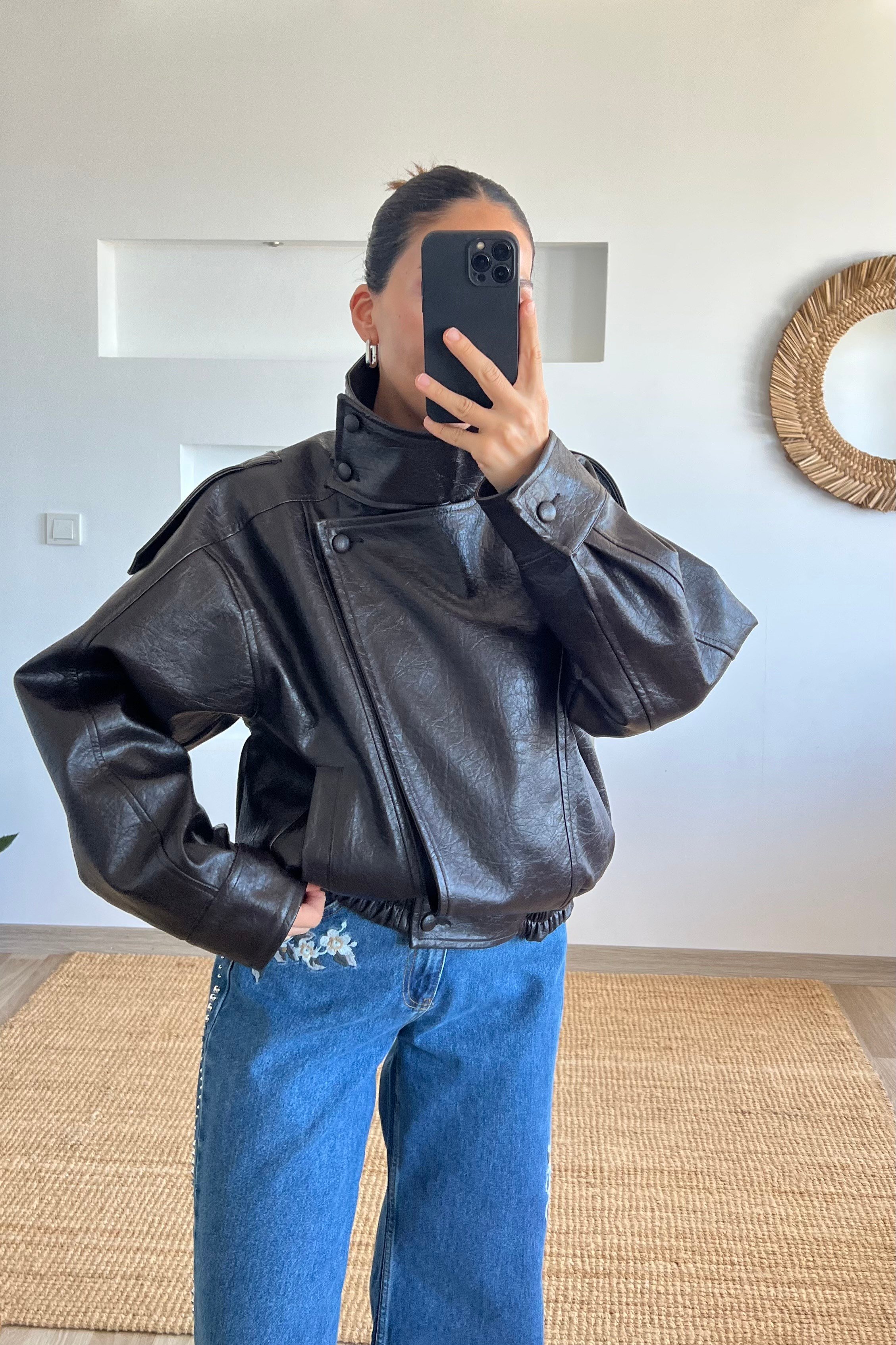 Kahverengi Biker Deri Ceket uygun fiyatlarda www.butikhola.com adresinde