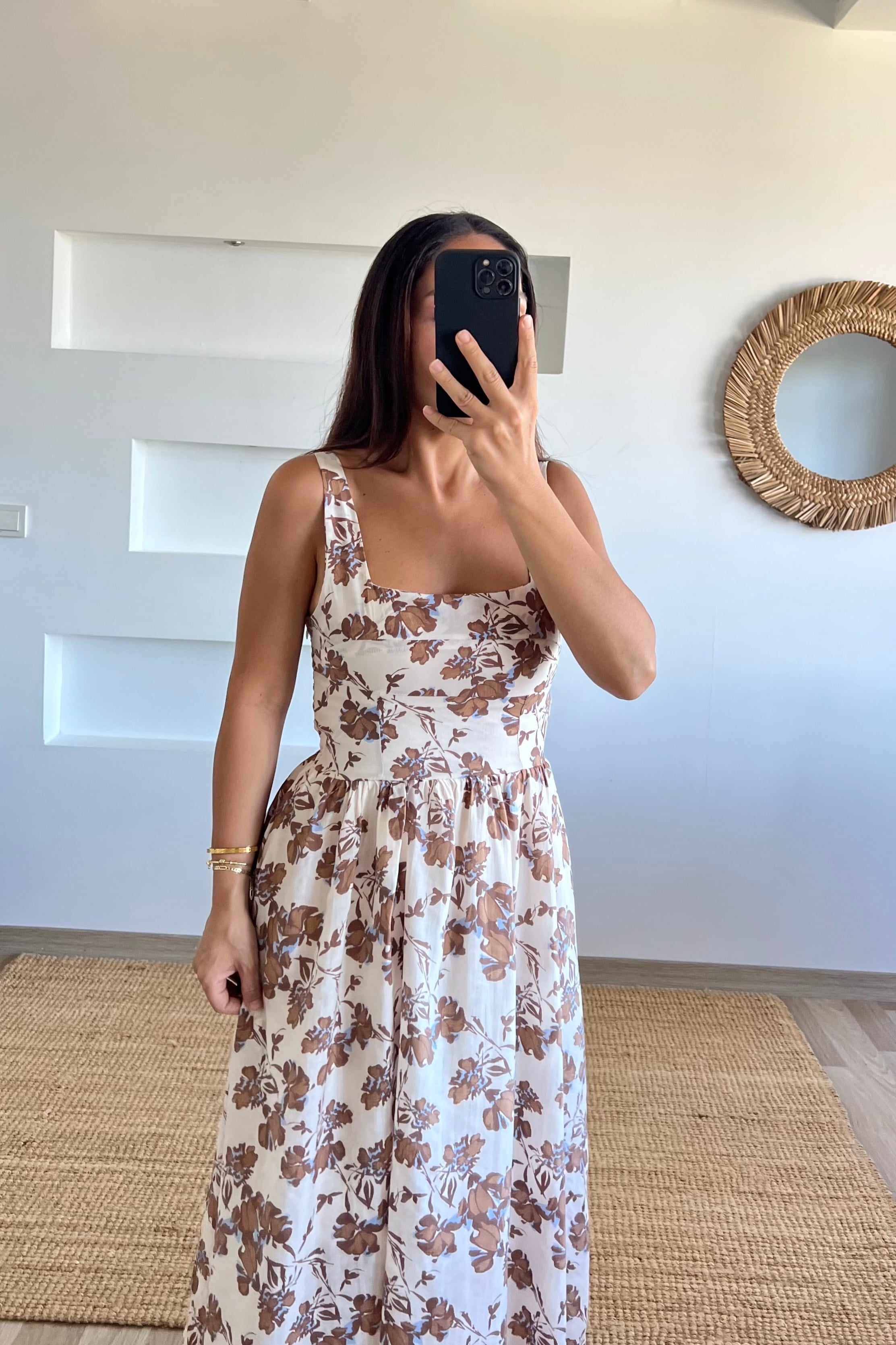 Kahverengi Çiçek Desenli U yaka Elbise uygun fiyatlarda www.butikhola.com adresinde