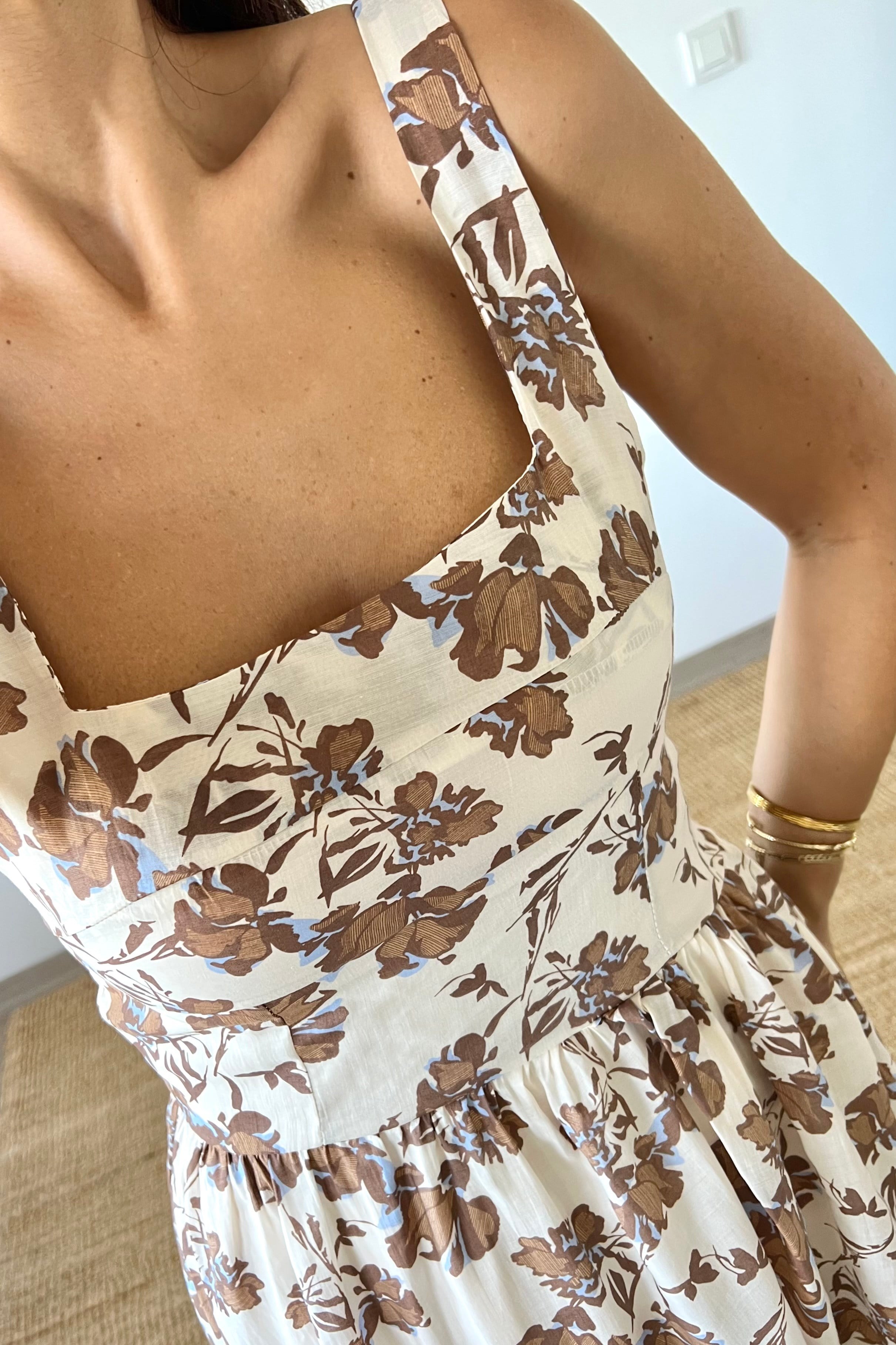 Kahverengi Çiçek Desenli U yaka Elbise uygun fiyatlarda www.butikhola.com adresinde