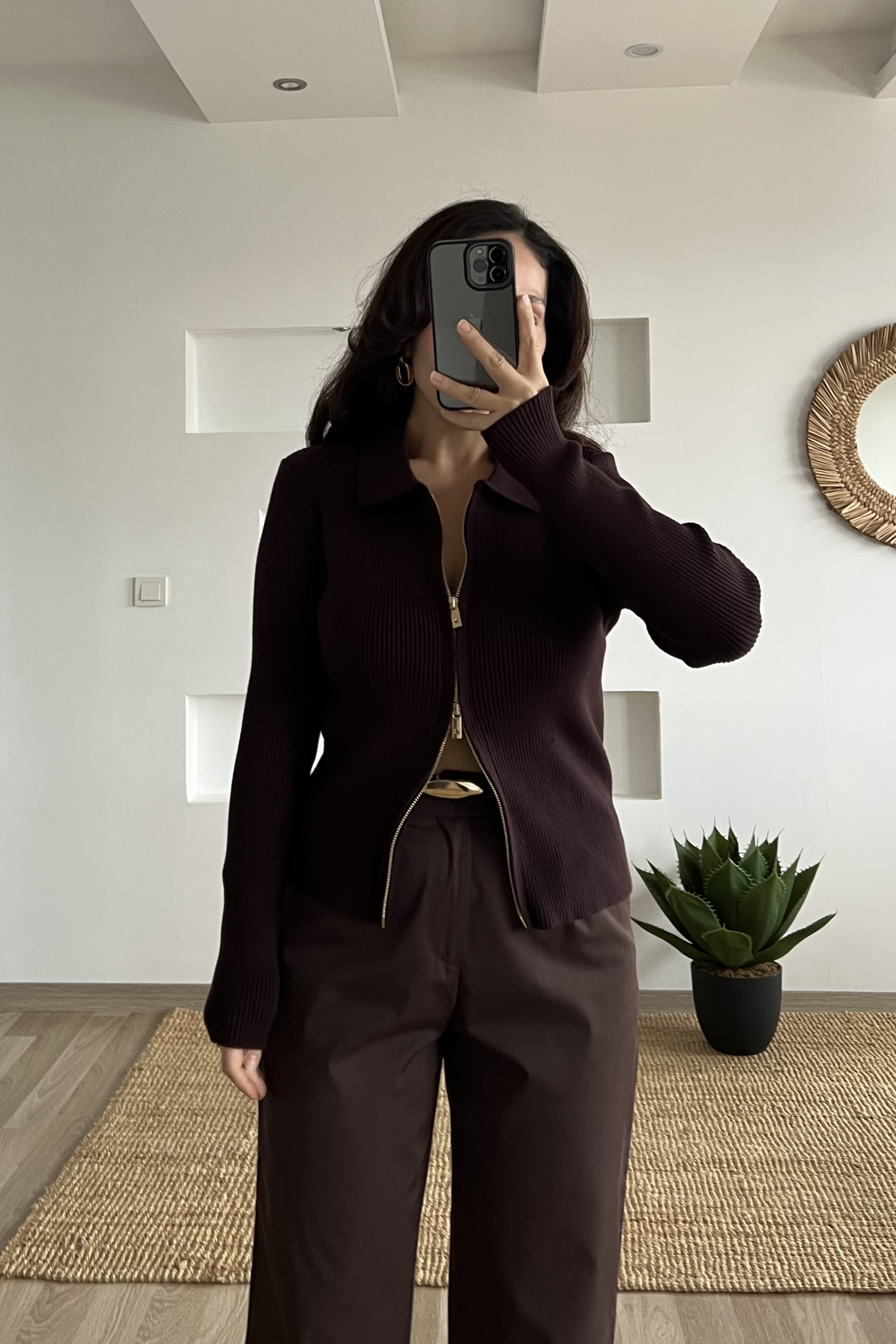 Kahverengi Çift Fermuarlı Polo Yaka Hırka uygun fiyatlarda www.butikhola.com adresinde