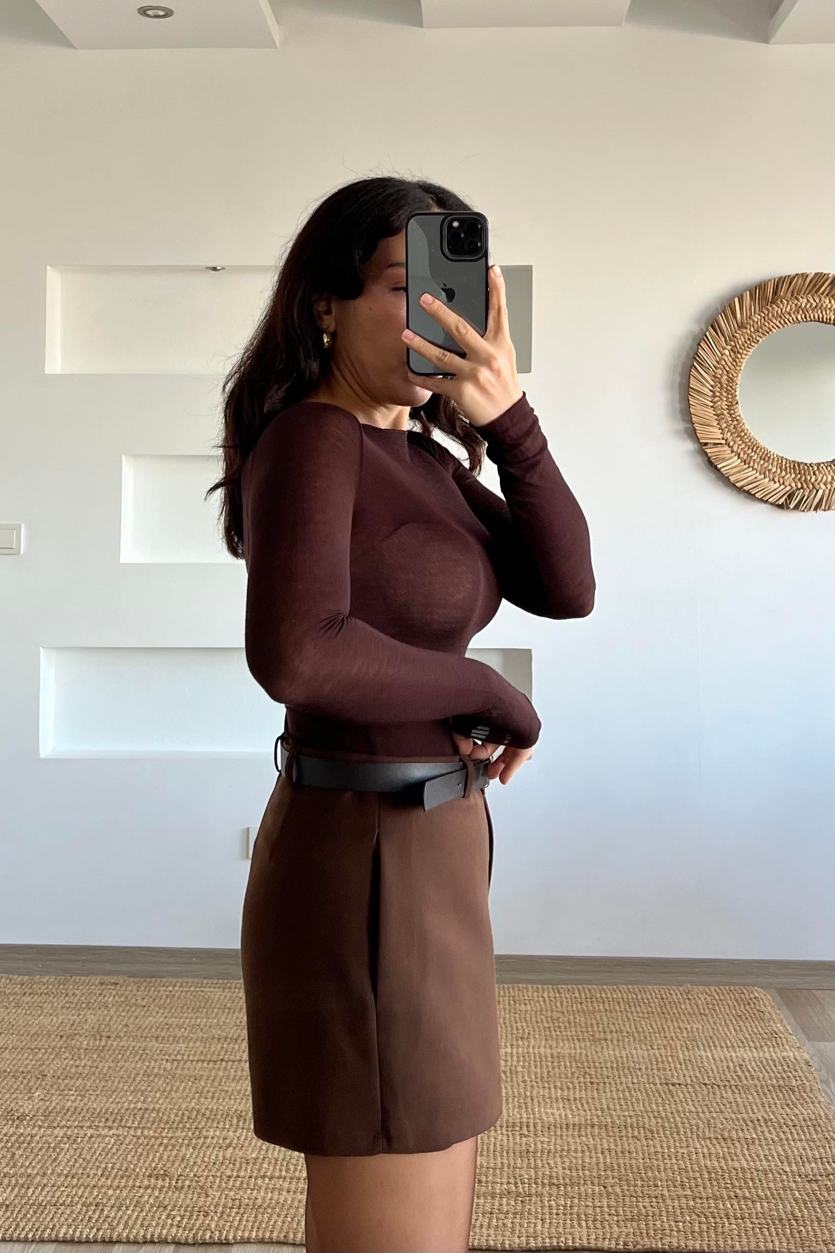 Kahverengi Kemerli Şort Etek uygun fiyatlarda www.butikhola.com adresinde
