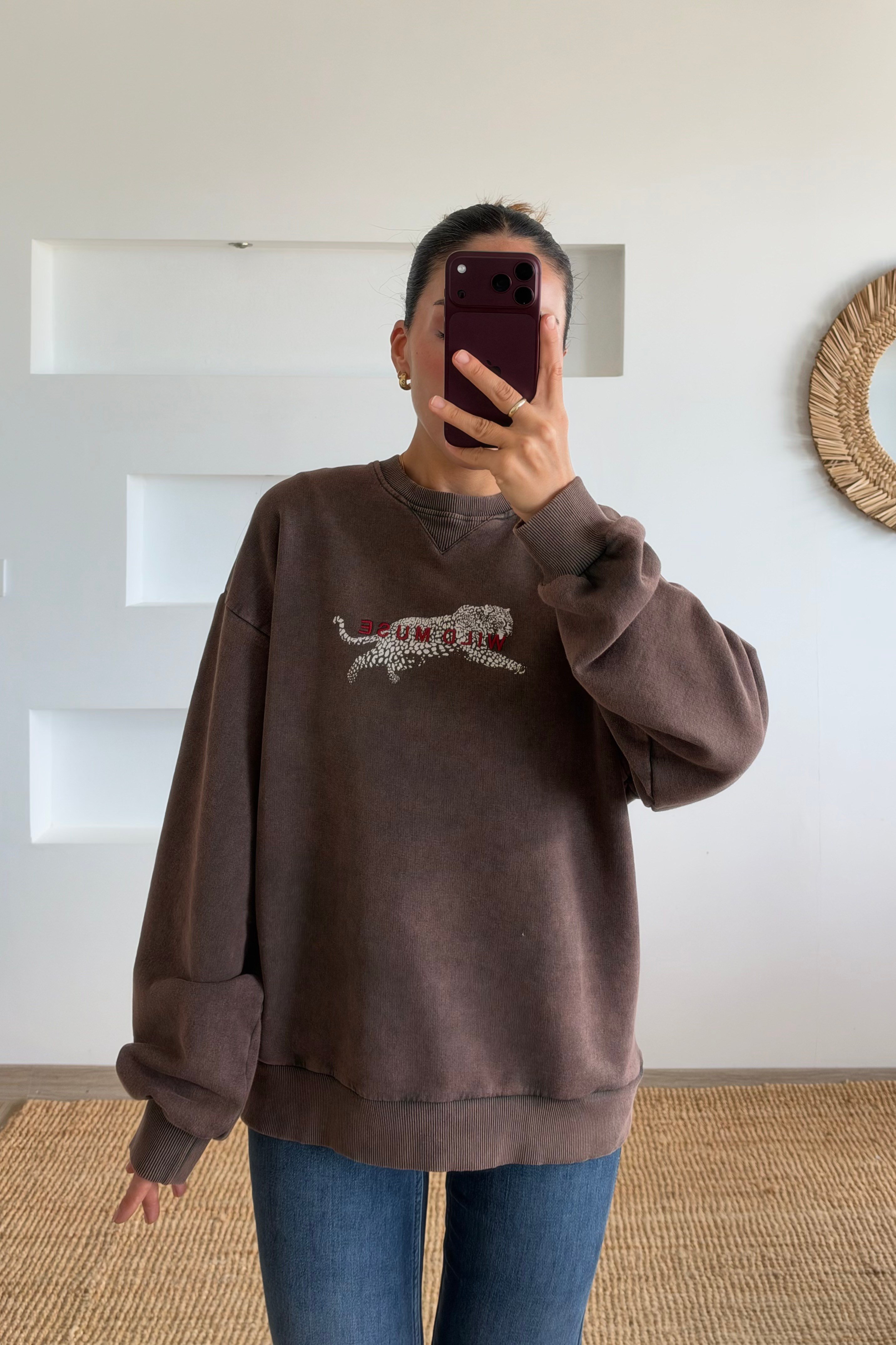Kahverengi Leopar Desenli Oversize Batik Sweatshirt uygun fiyatlarda www.butikhola.com adresinde