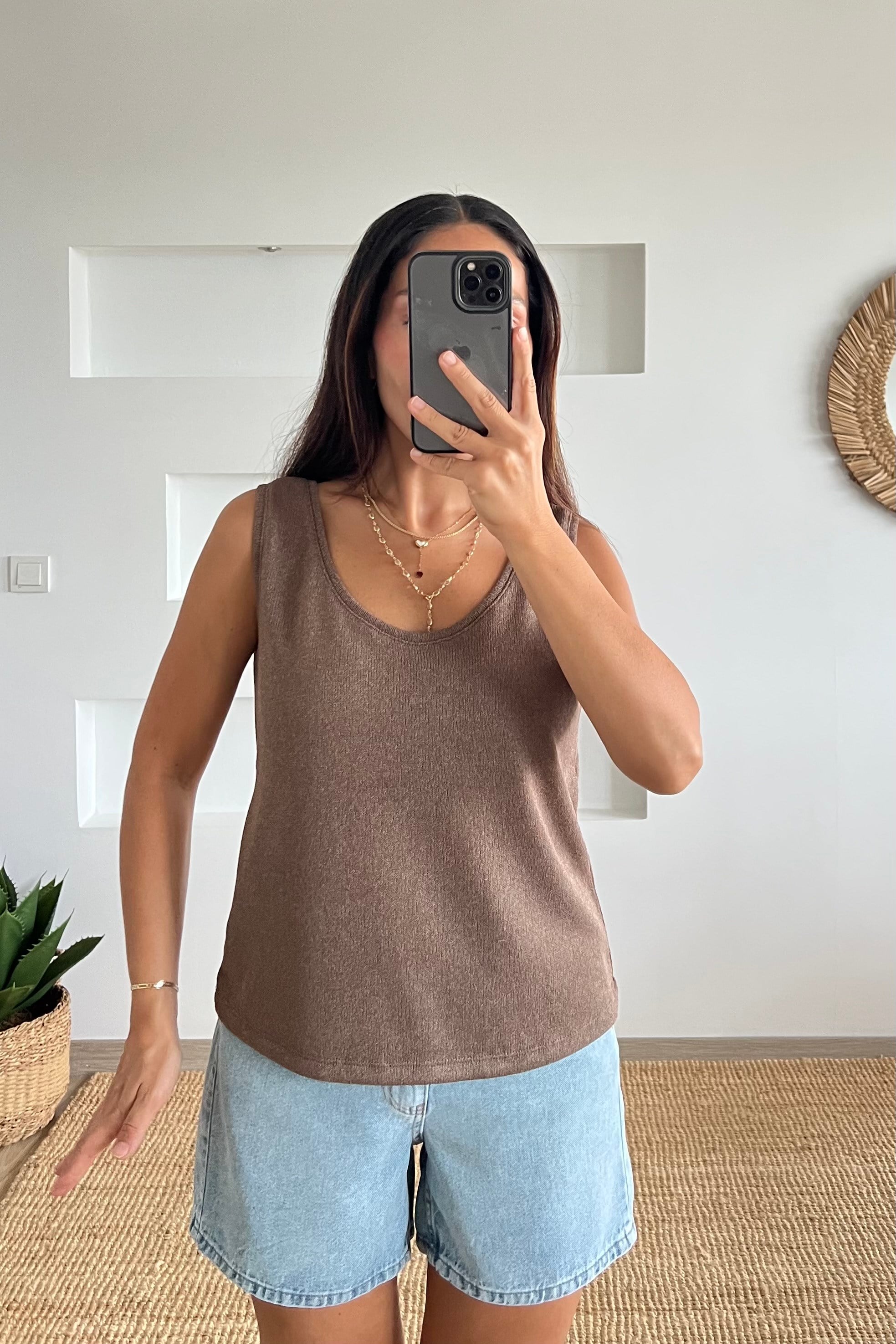 Kahverengi Merserize Kolsuz Bluz uygun fiyatlarda www.butikhola.com adresinde