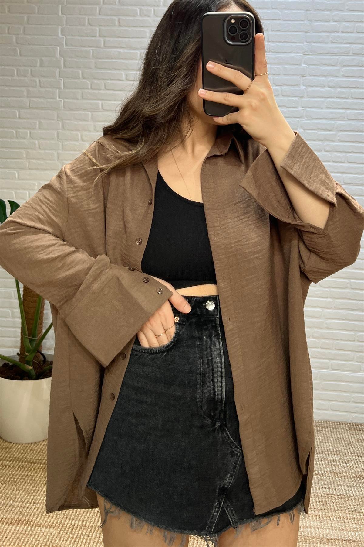 Kahverengi Oversize Keten Gömlek uygun fiyatlarda www.butikhola.com adresinde