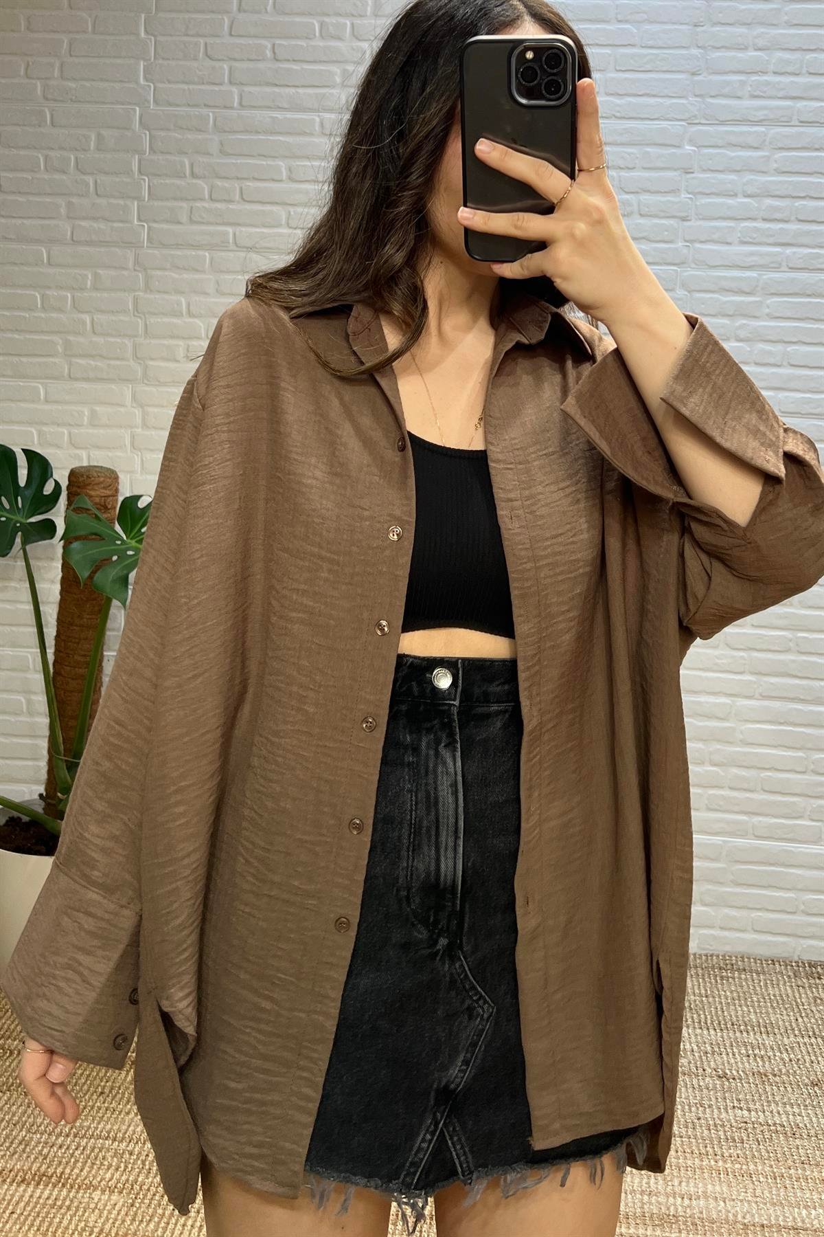 Kahverengi Oversize Keten Gömlek uygun fiyatlarda www.butikhola.com adresinde