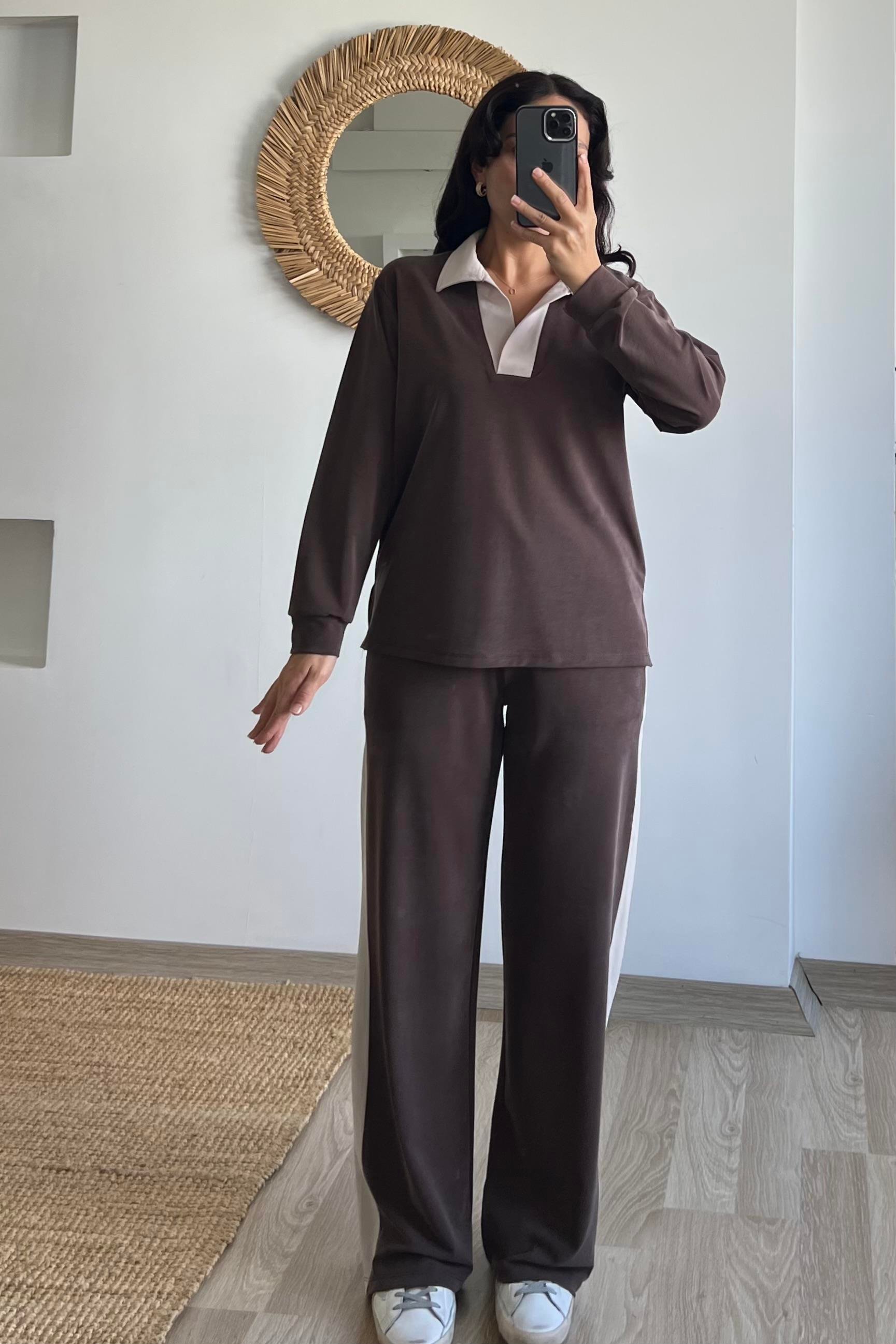 Kahverengi Oysho Kumaş Modal Polo Yaka Sweat Pantolon Takım uygun fiyatlarda www.butikhola.com adresinde