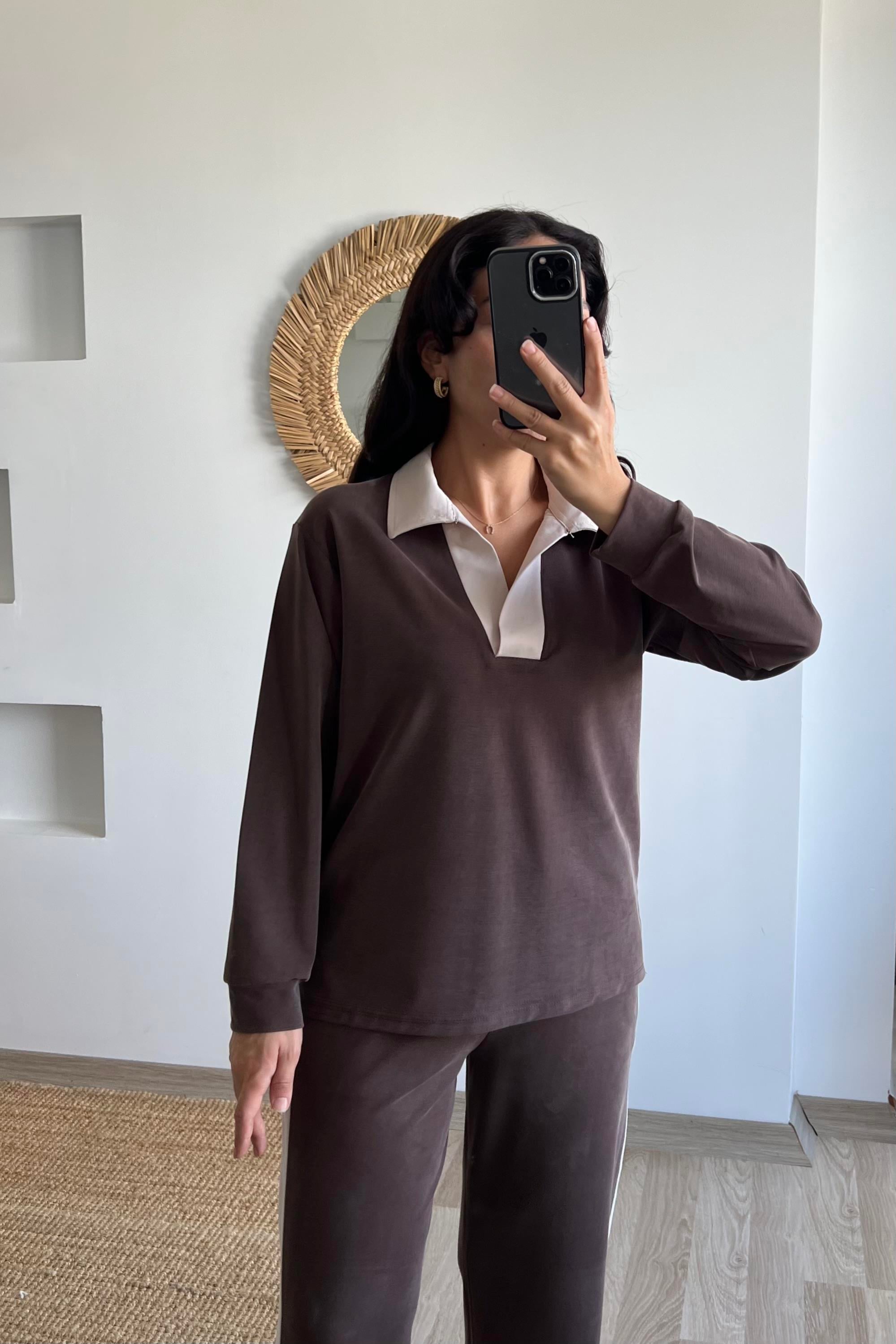 Kahverengi Oysho Kumaş Modal Polo Yaka Sweat Pantolon Takım uygun fiyatlarda www.butikhola.com adresinde