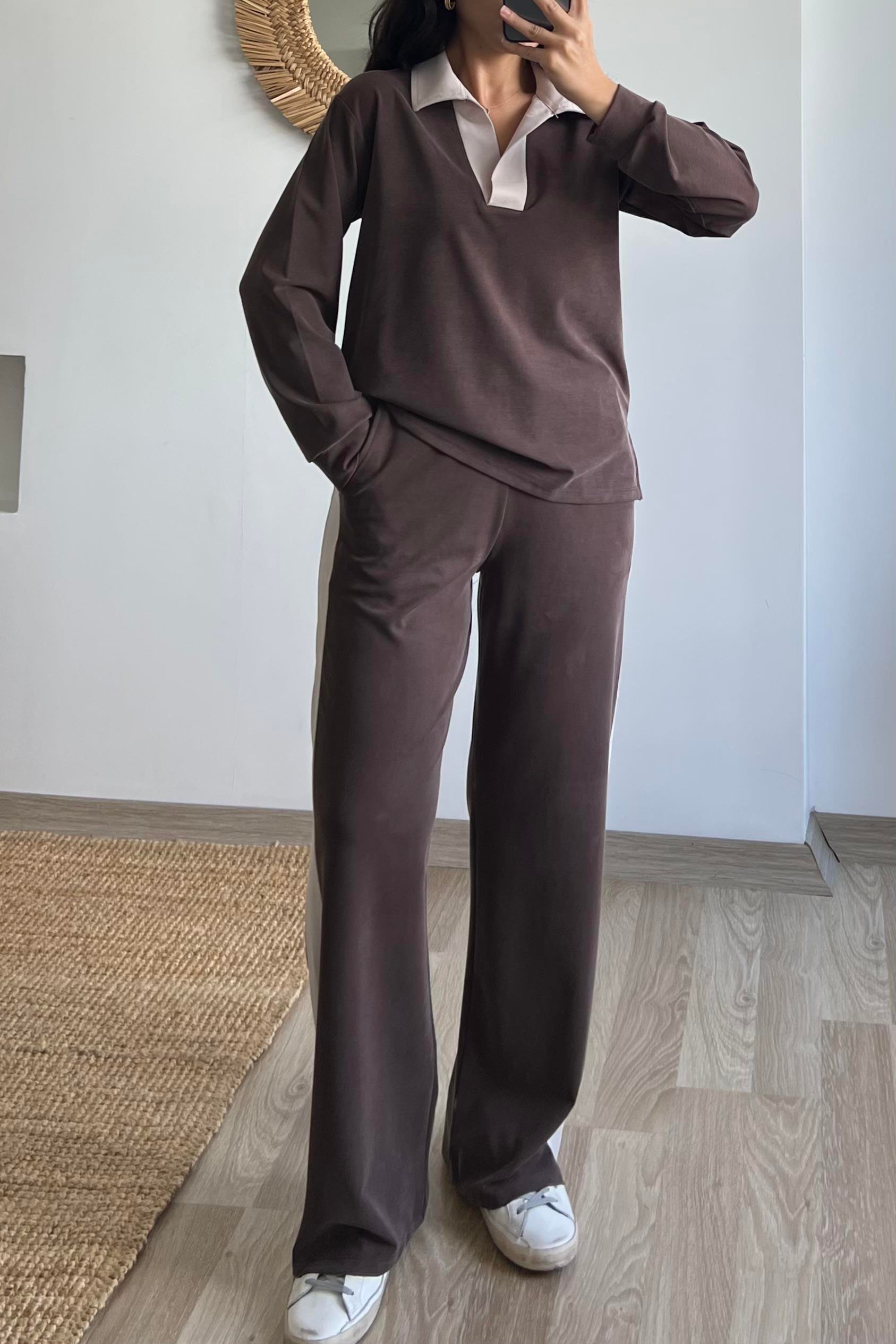 Kahverengi Oysho Kumaş Modal Polo Yaka Sweat Pantolon Takım uygun fiyatlarda www.butikhola.com adresinde