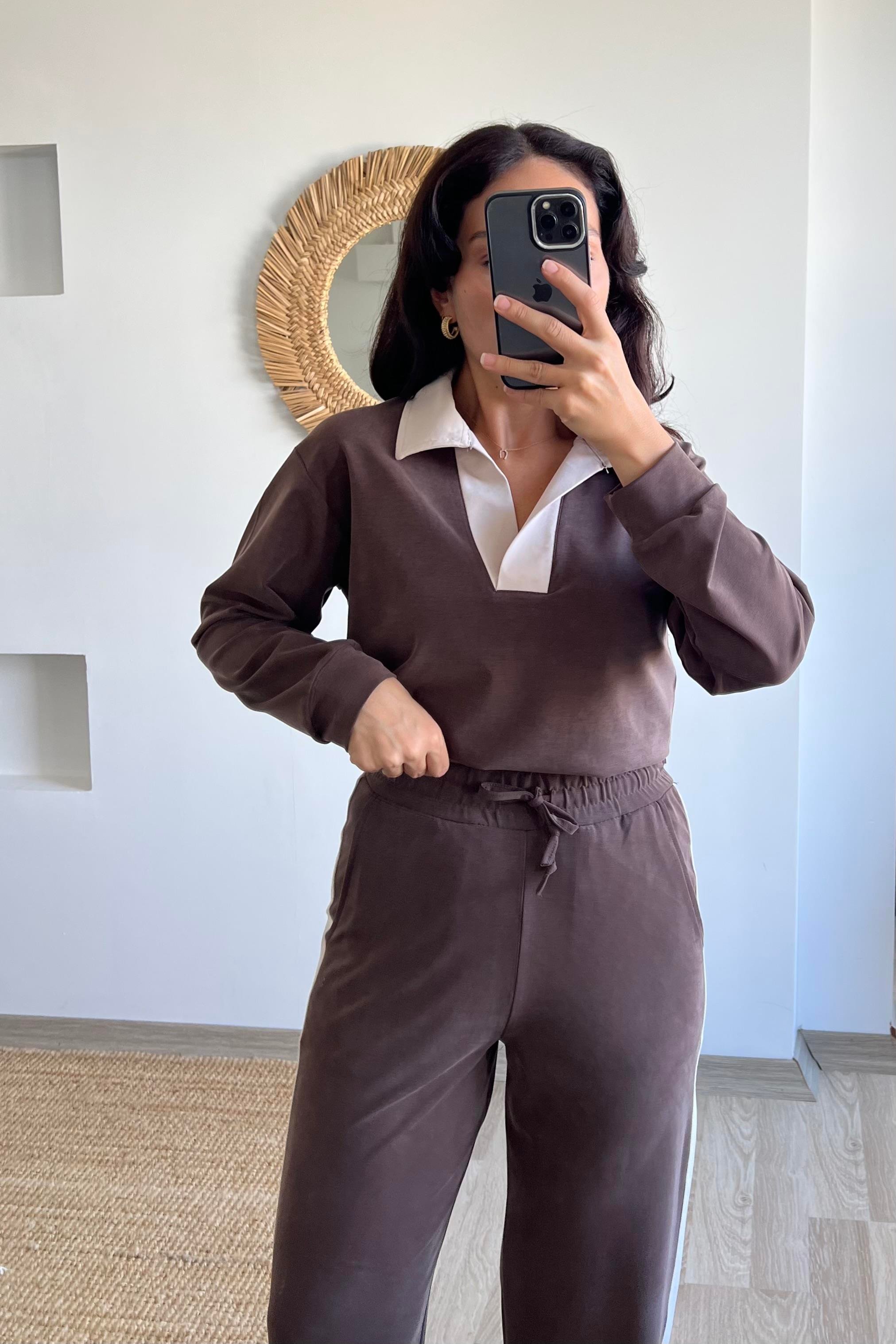 Kahverengi Oysho Kumaş Modal Polo Yaka Sweat Pantolon Takım uygun fiyatlarda www.butikhola.com adresinde